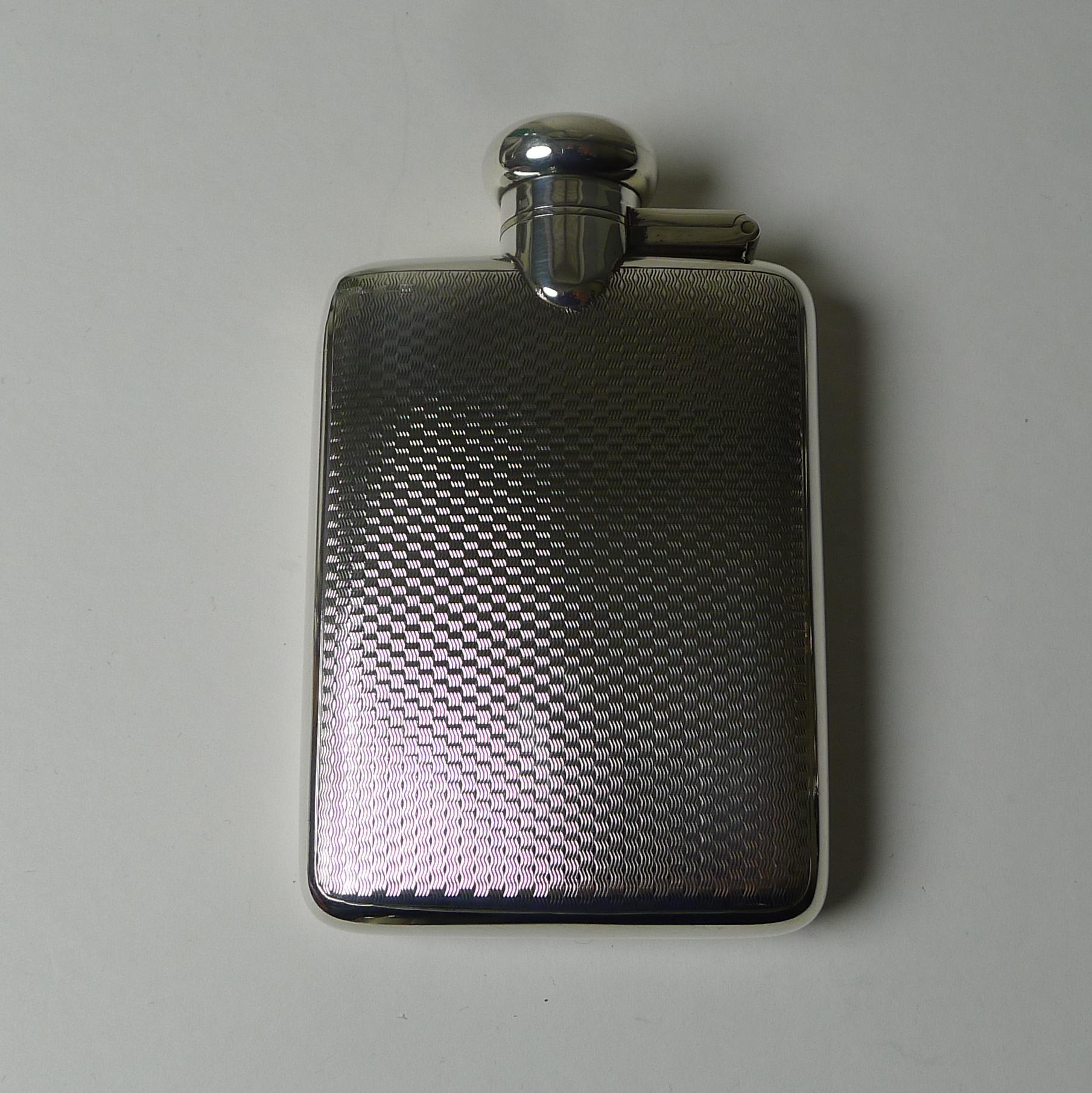 Art Deco Handsome Small Sterling Silver Hip / Spirit Flask, 1926