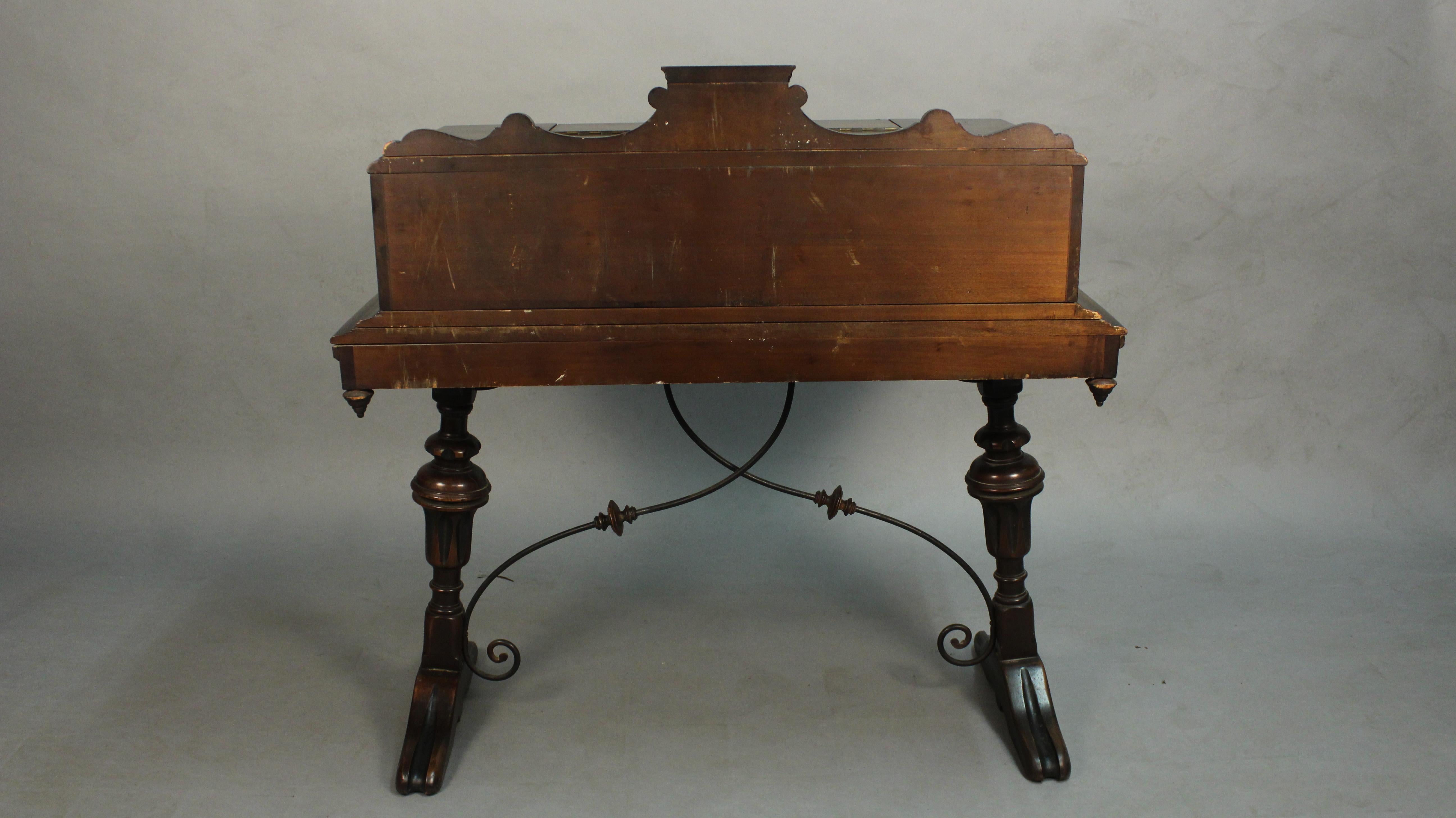 Handsome Spanish Revival 1920s Writing Desk Table with Wrought Iron Stretcher 4