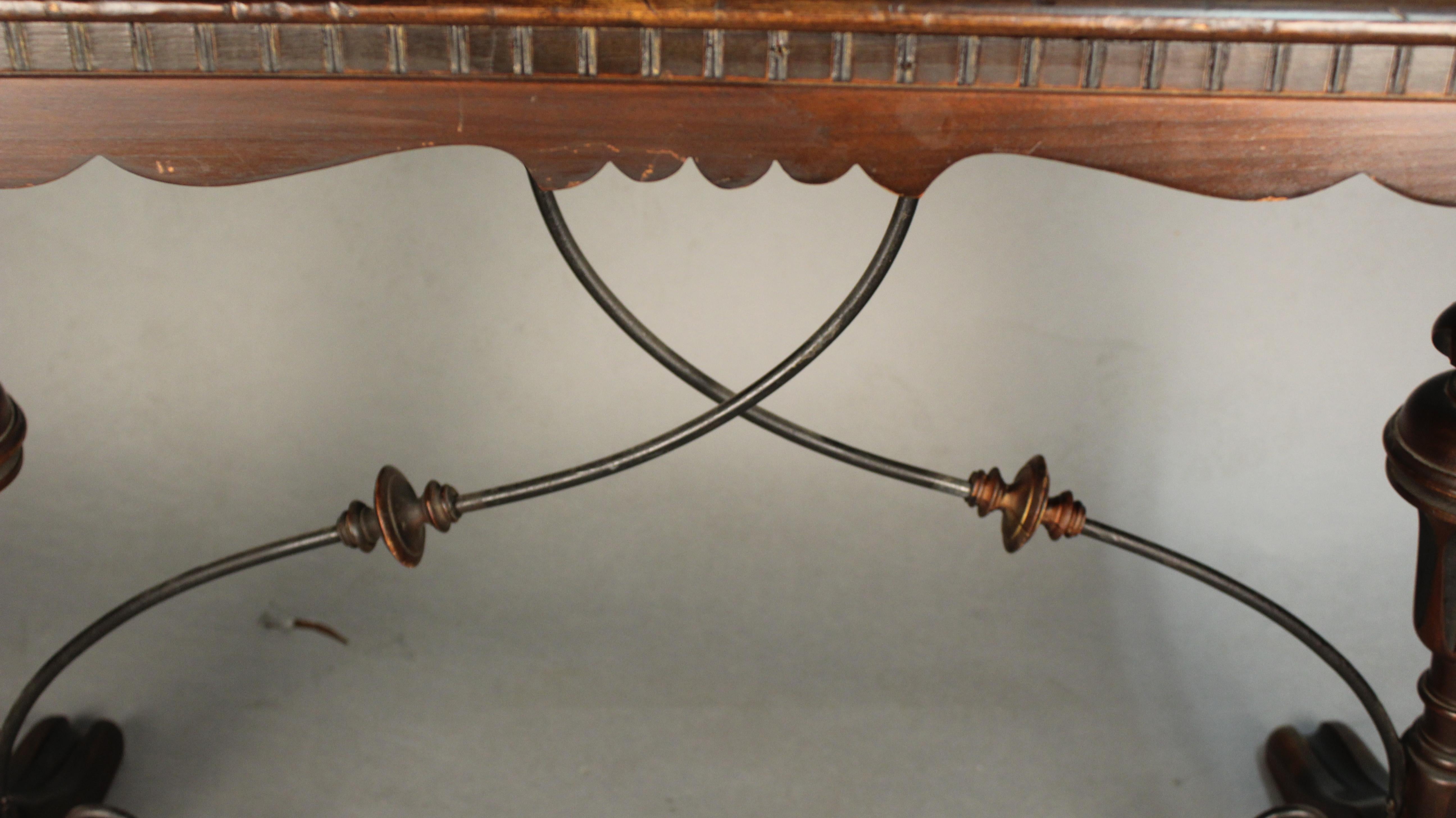 Handsome Spanish Revival 1920s Writing Desk Table with Wrought Iron Stretcher In Good Condition In Pasadena, CA