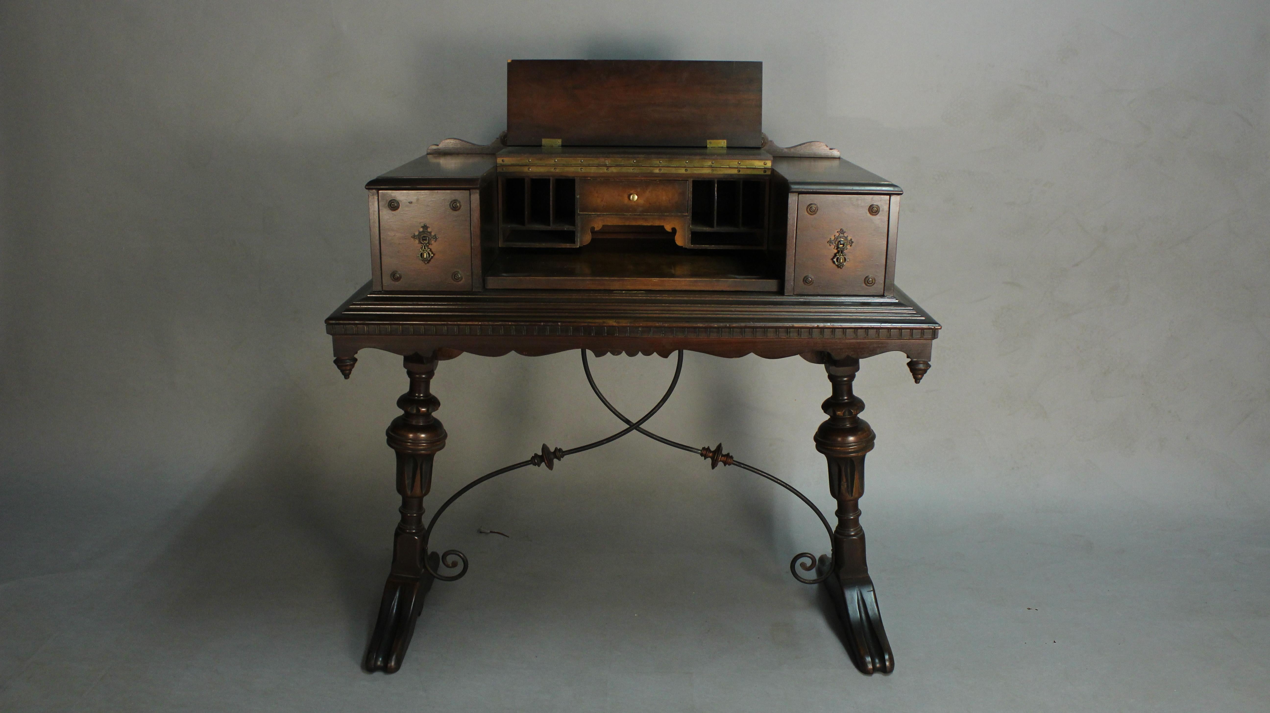 Early 20th Century Handsome Spanish Revival 1920s Writing Desk Table with Wrought Iron Stretcher