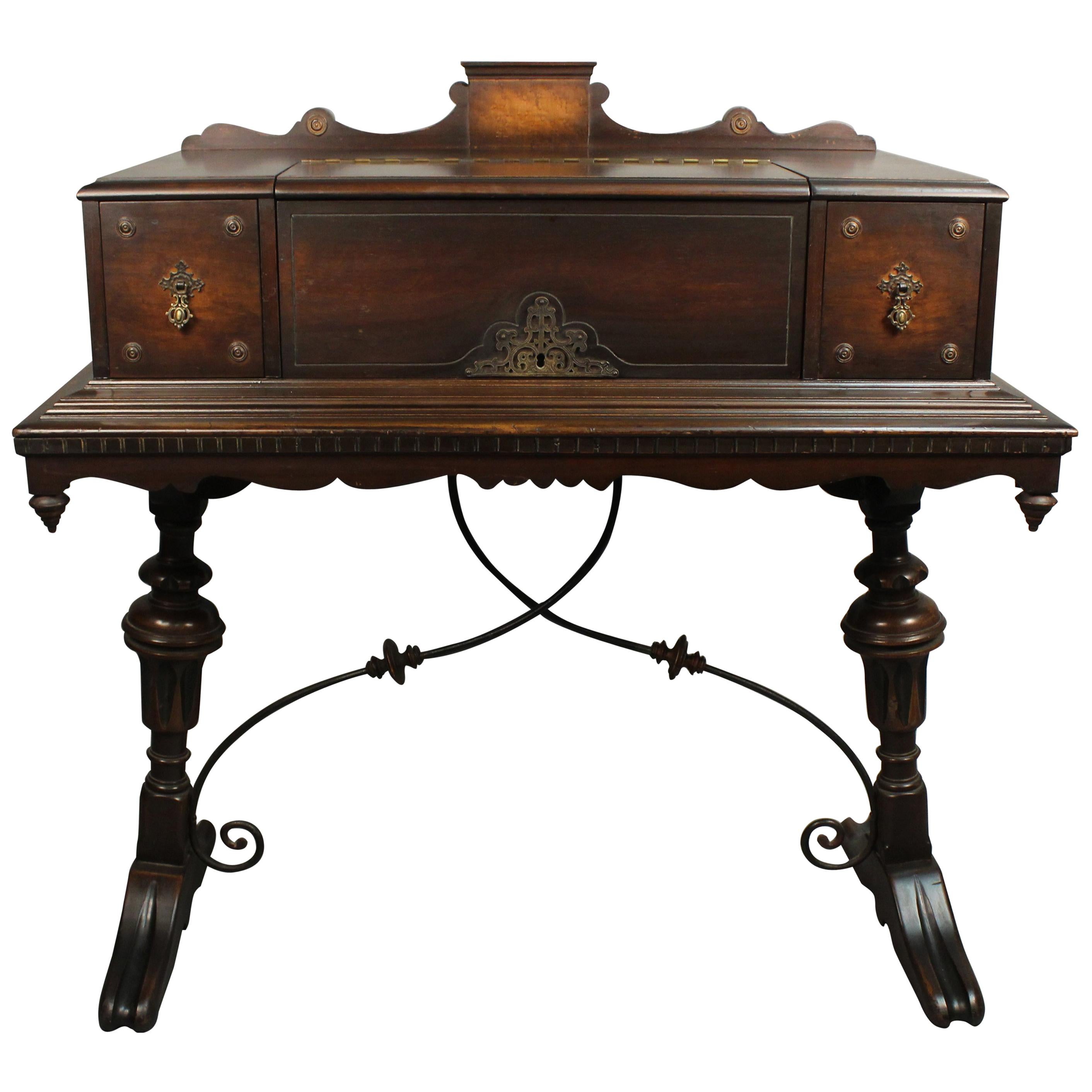 Handsome Spanish Revival 1920s Writing Desk Table with Wrought Iron Stretcher