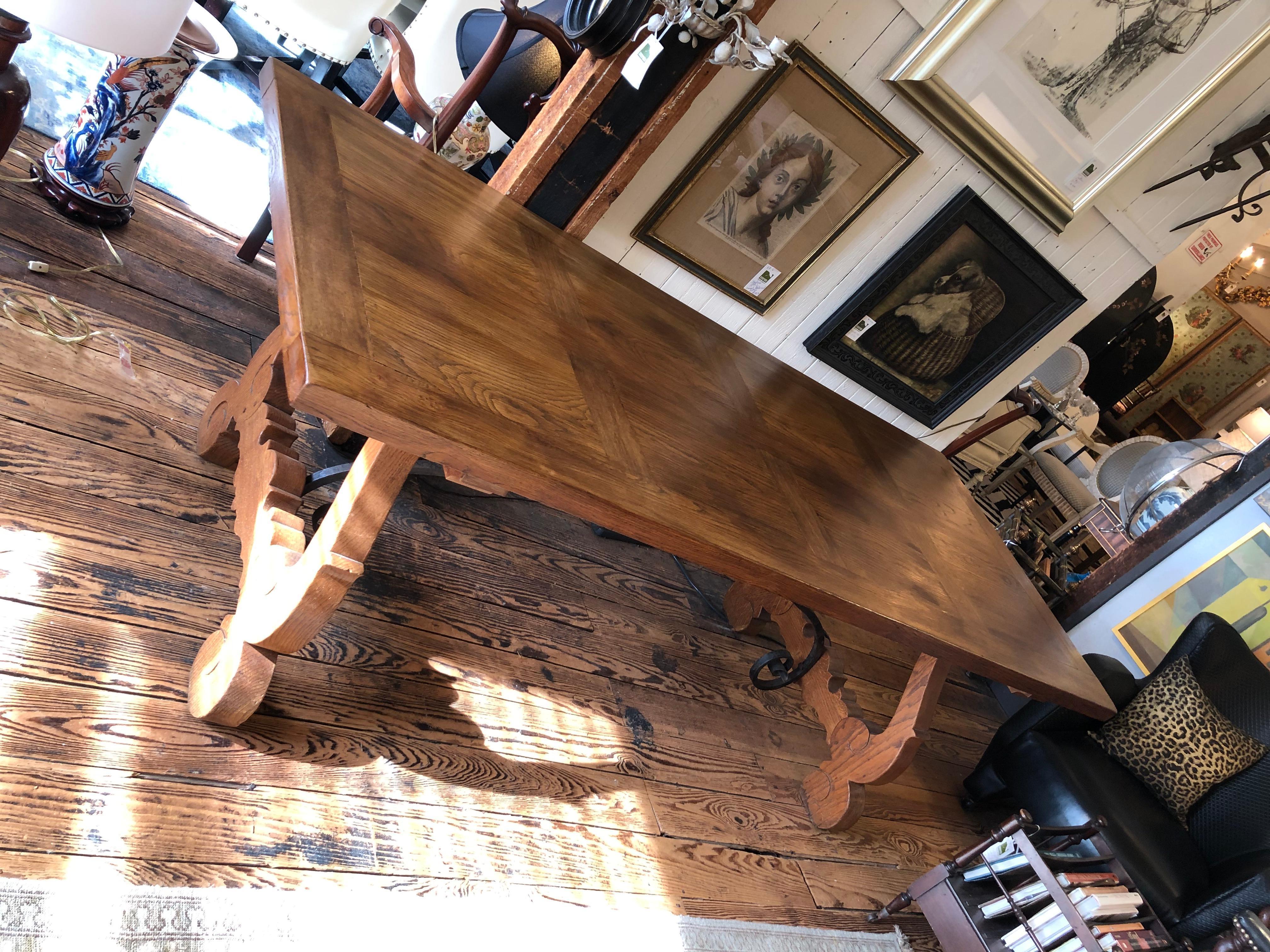 Handsome Spanish Style Oak & Iron Dining Table or Monumental Desk For Sale 2