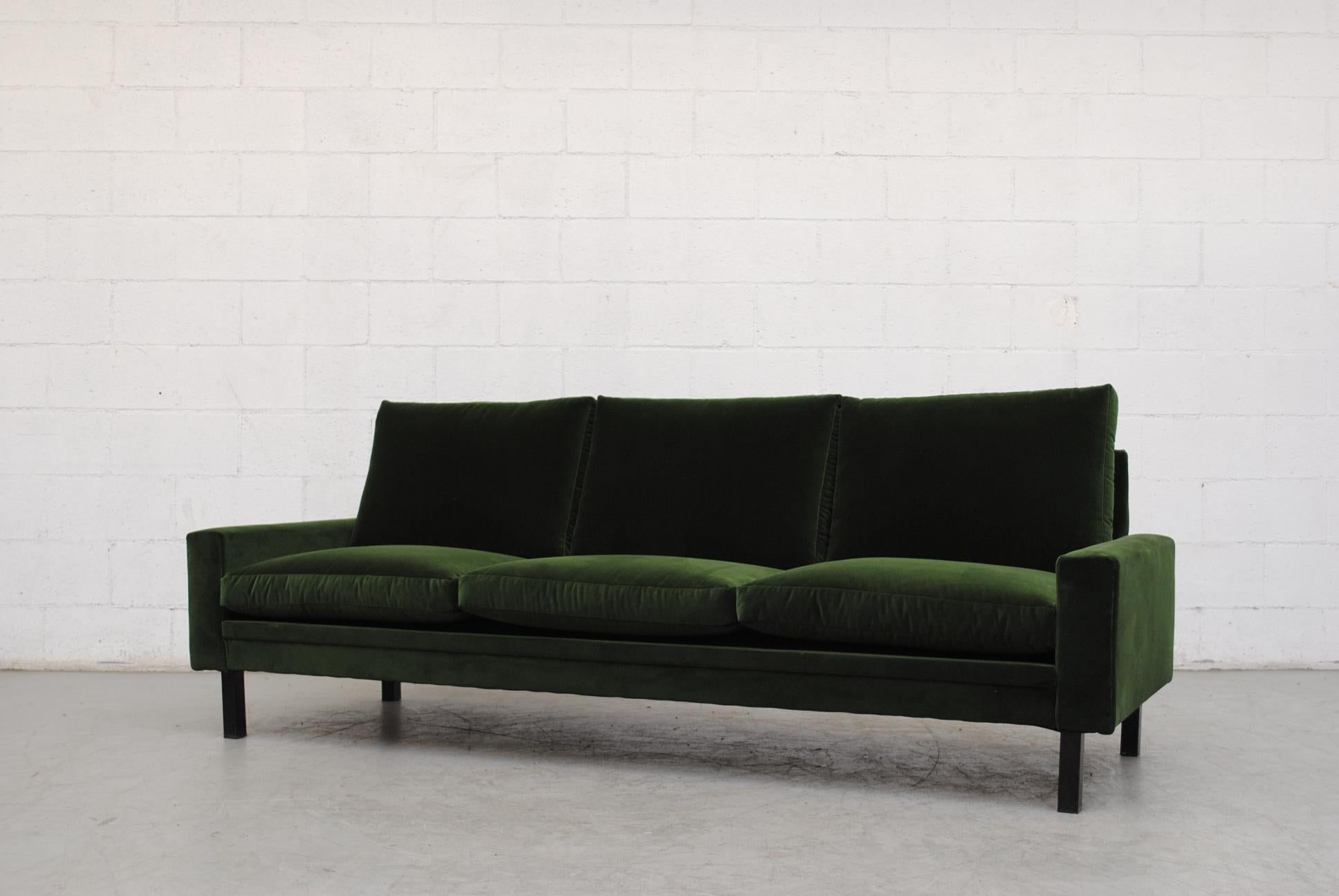 Mid-Century Modern Handsome Streamline Emerald Velvet Sofa