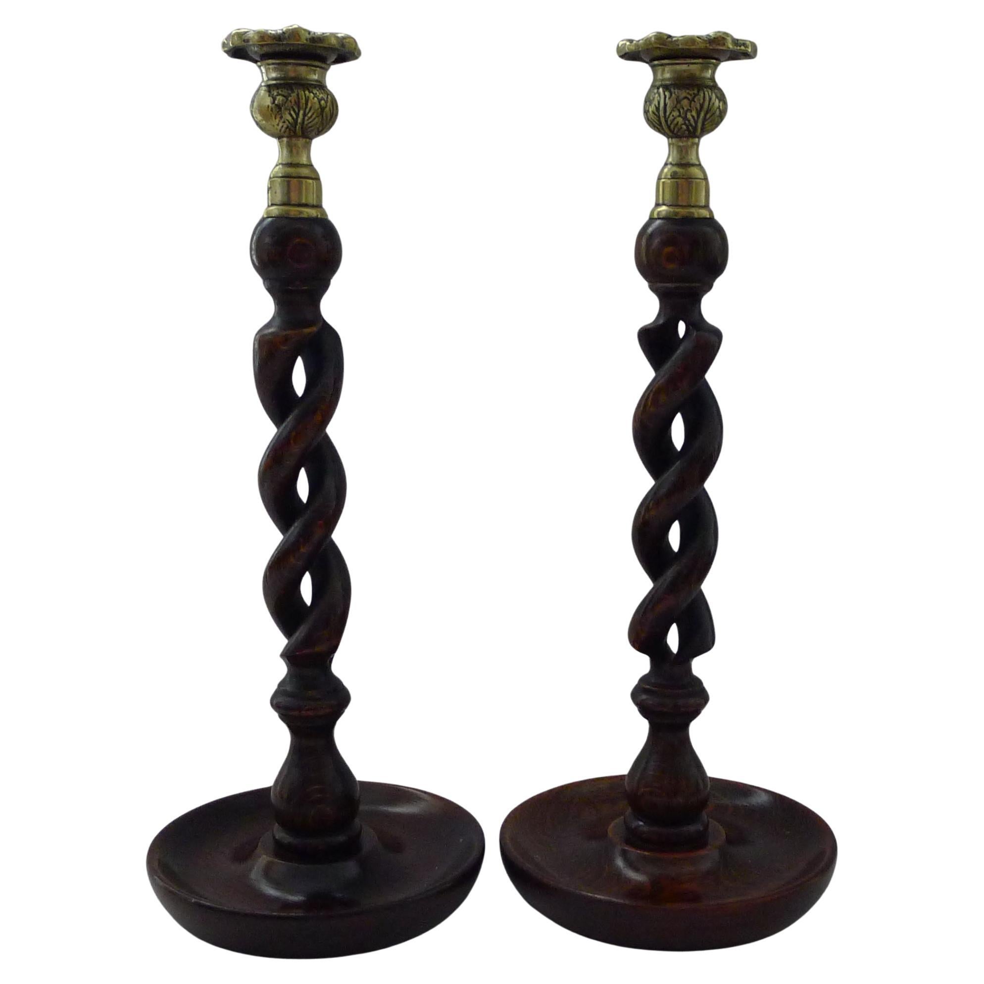 Handsome Tall (14 1/2") Open Oak Barley Twist Candlesticks c.1910 For Sale