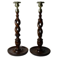 Handsome Tall Open Oak Barley Twist Candlesticks c.1910