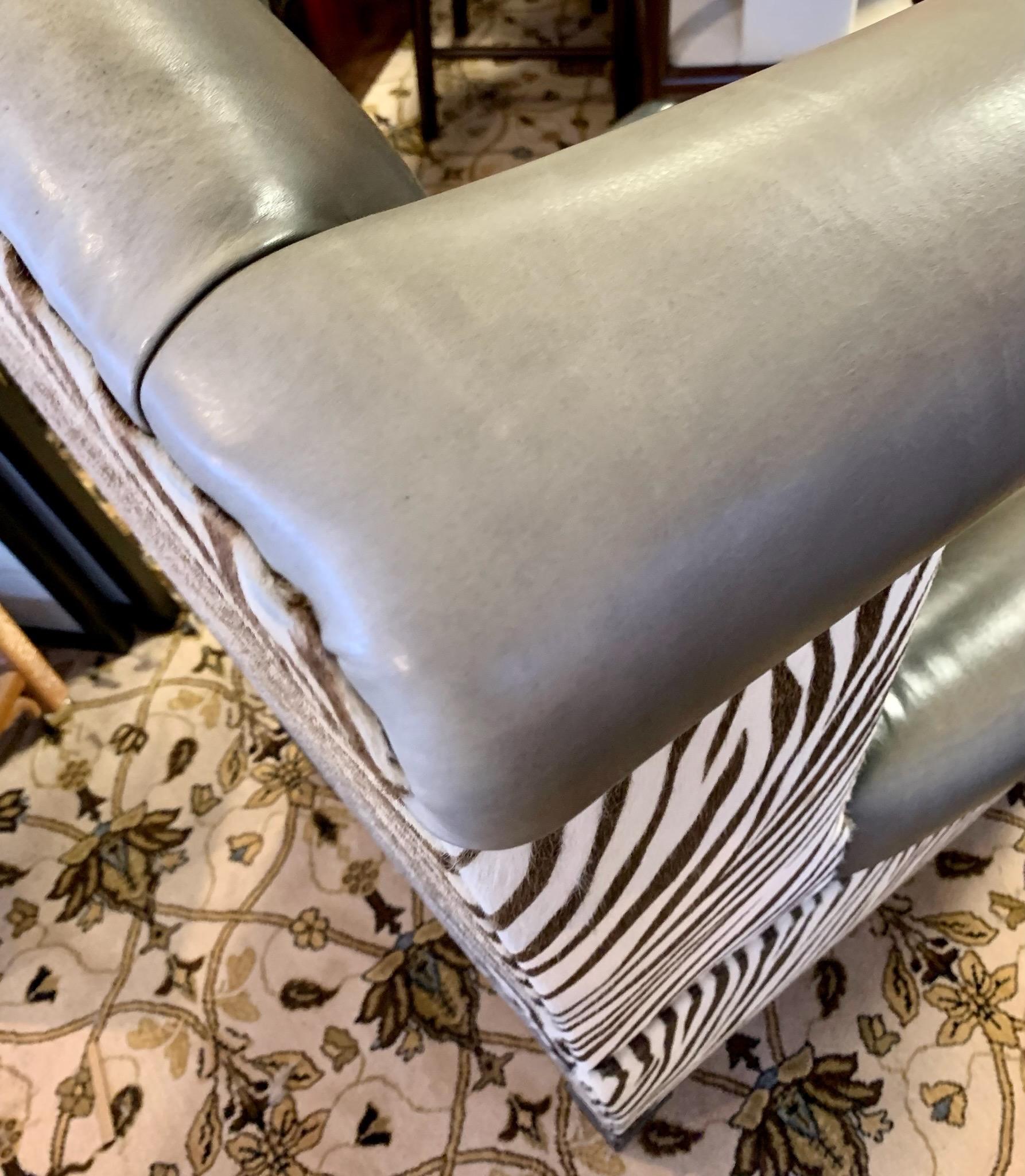 Handsome Tall Black Leather and Zebra Print Wingback Chair 4