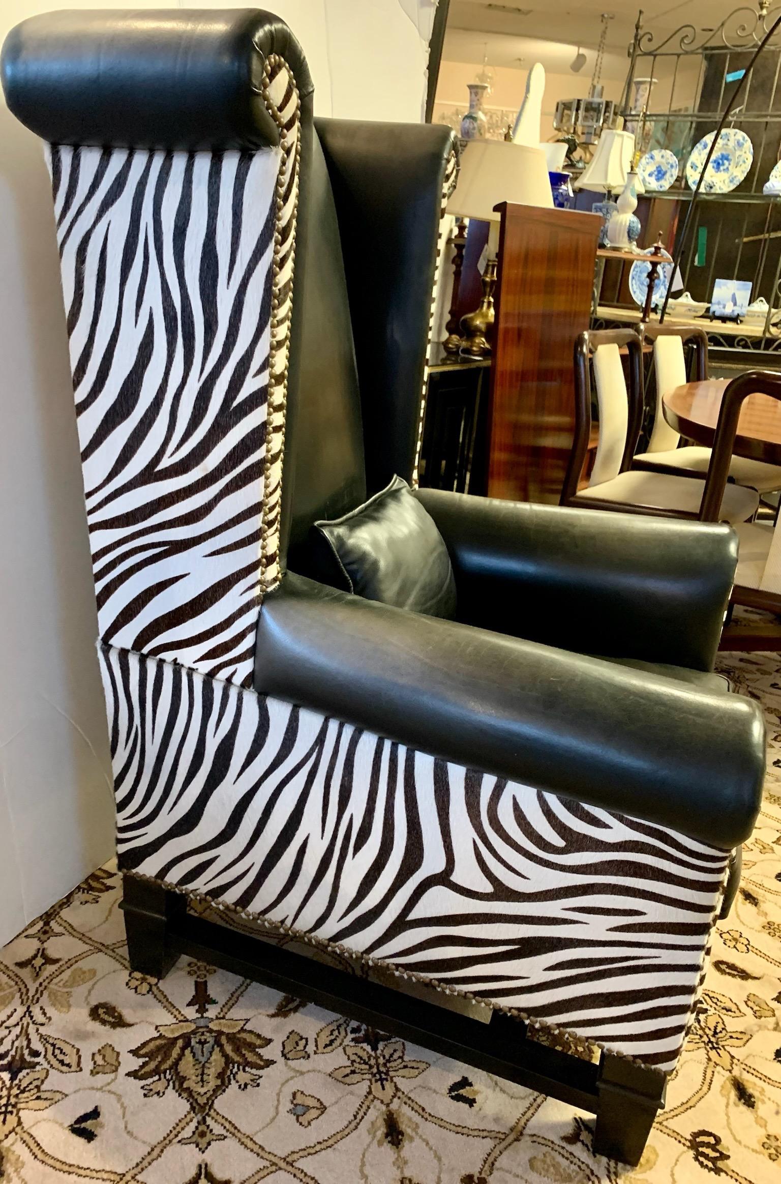 Handsome Tall Black Leather and Zebra Print Wingback Chair In Good Condition In West Hartford, CT