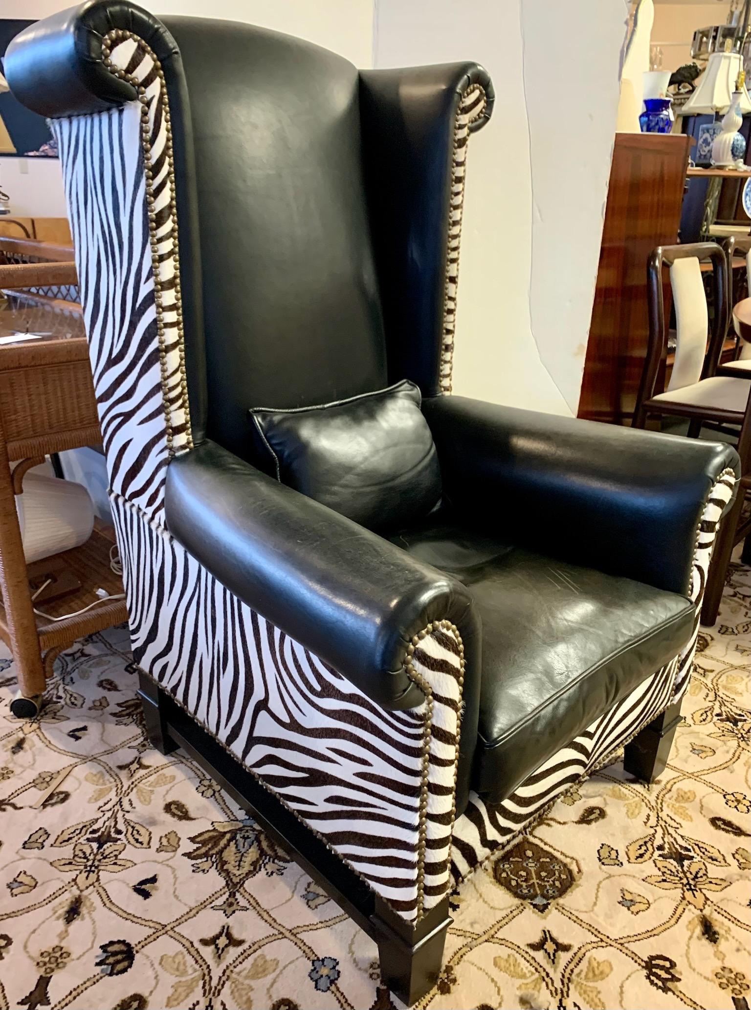 20th Century Handsome Tall Black Leather and Zebra Print Wingback Chair