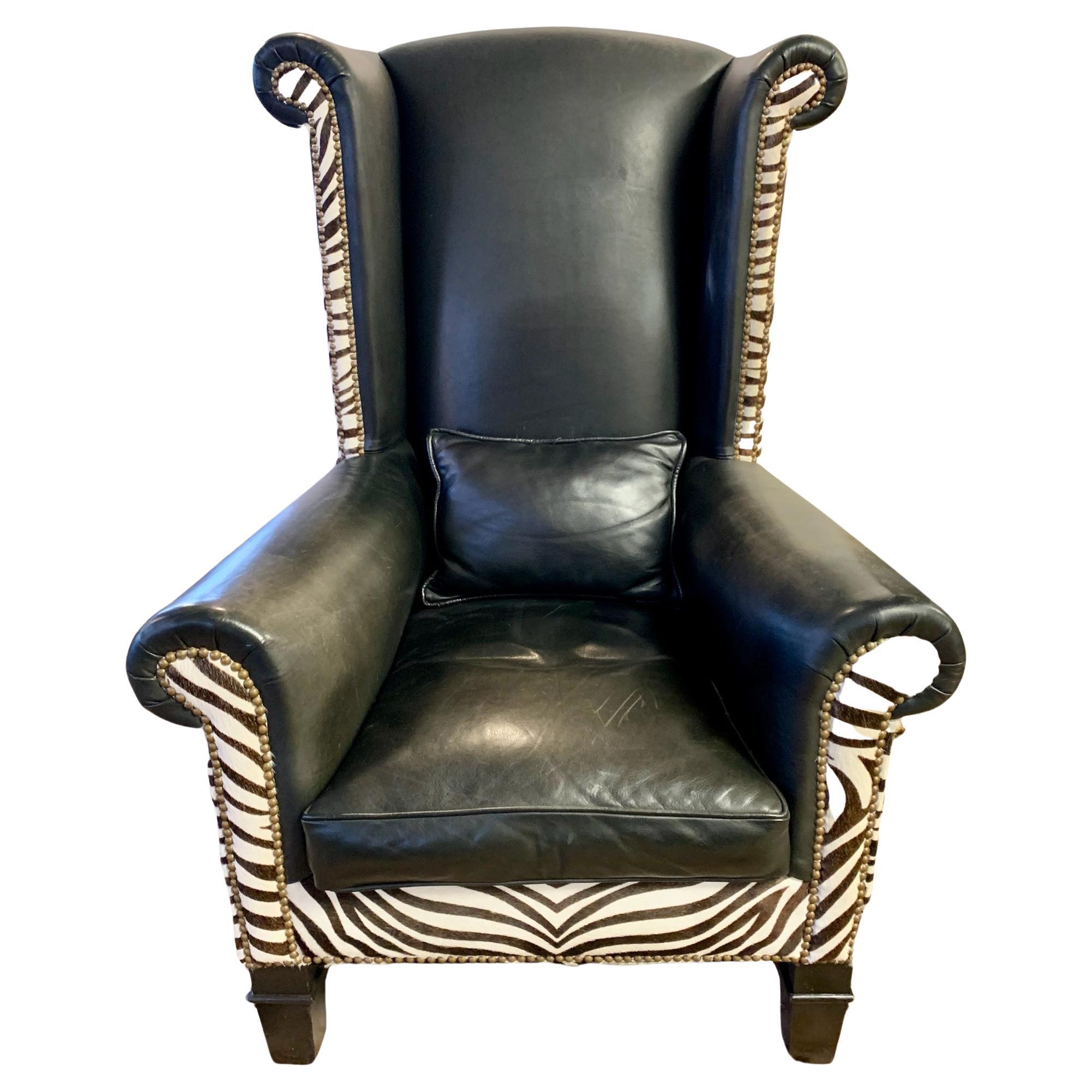 Handsome Tall Black Leather and Zebra Print Wingback Chair