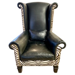 Vintage Handsome Tall Black Leather and Zebra Print Wingback Chair
