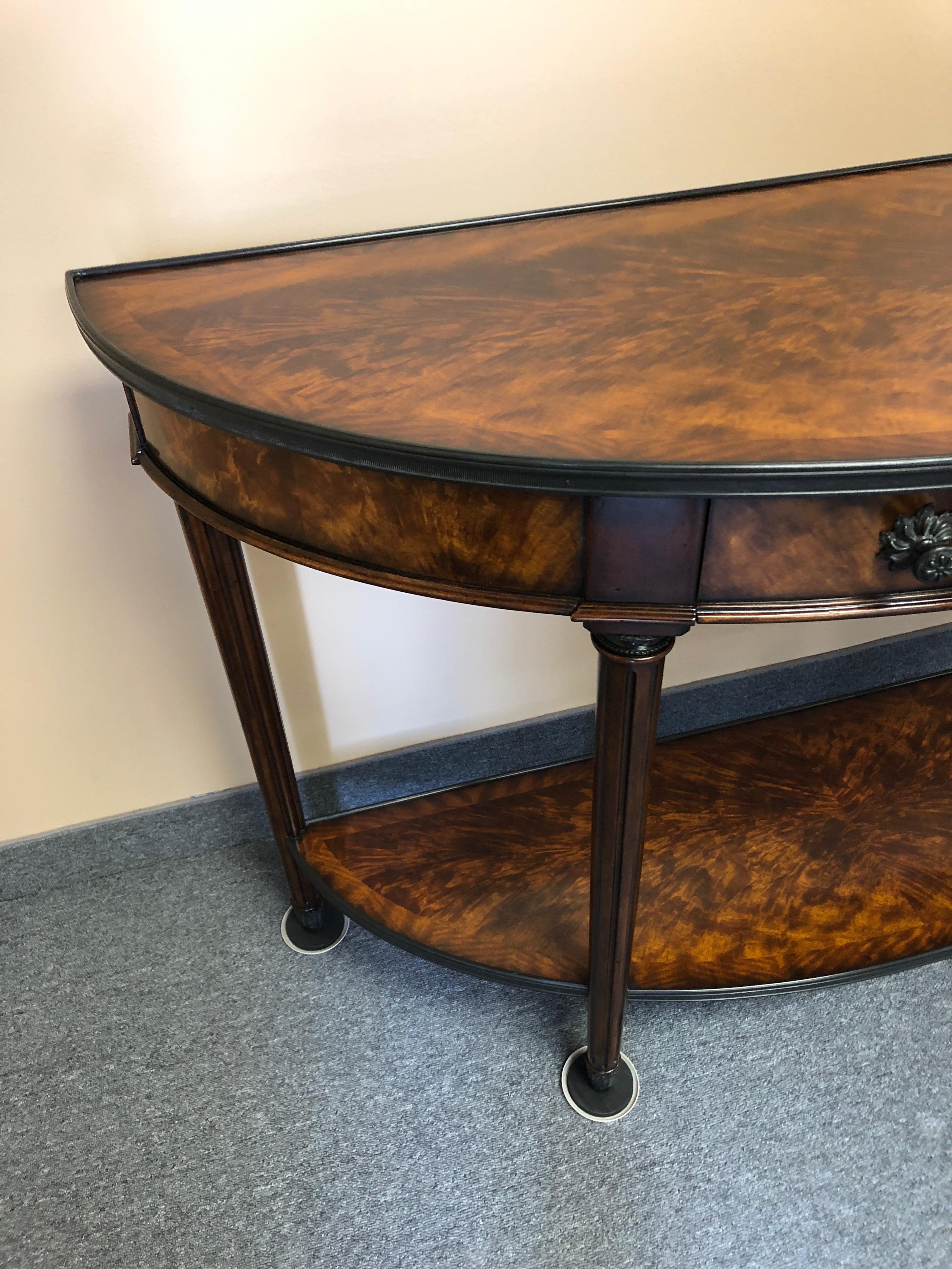 Handsome Theodore Alexander Bookmatched Flame Mahogany Demilune Console In Excellent Condition In Hopewell, NJ