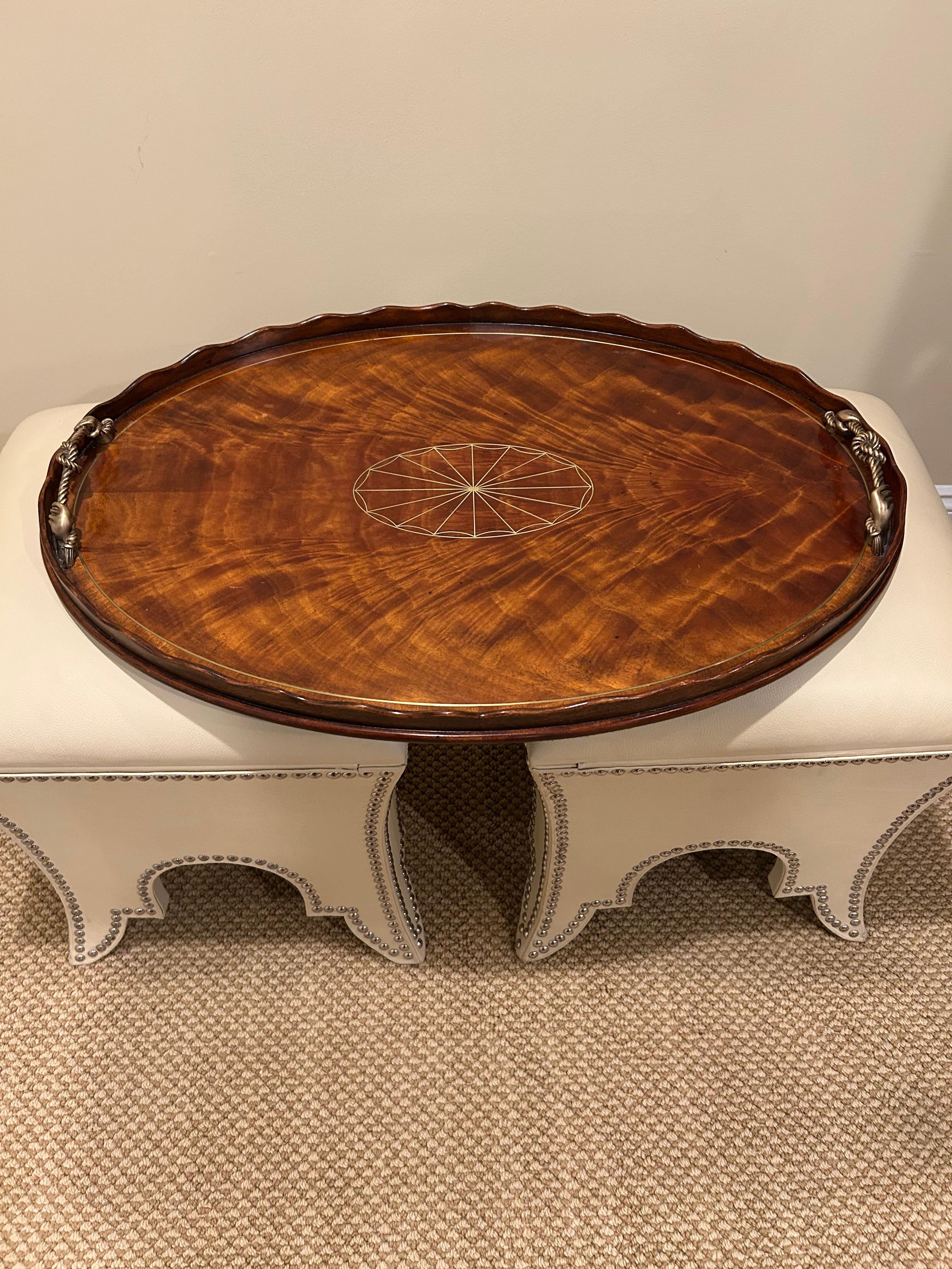 Handsome Theodore Alexander Flame Mahogany Rope Handle Serving Tray 4