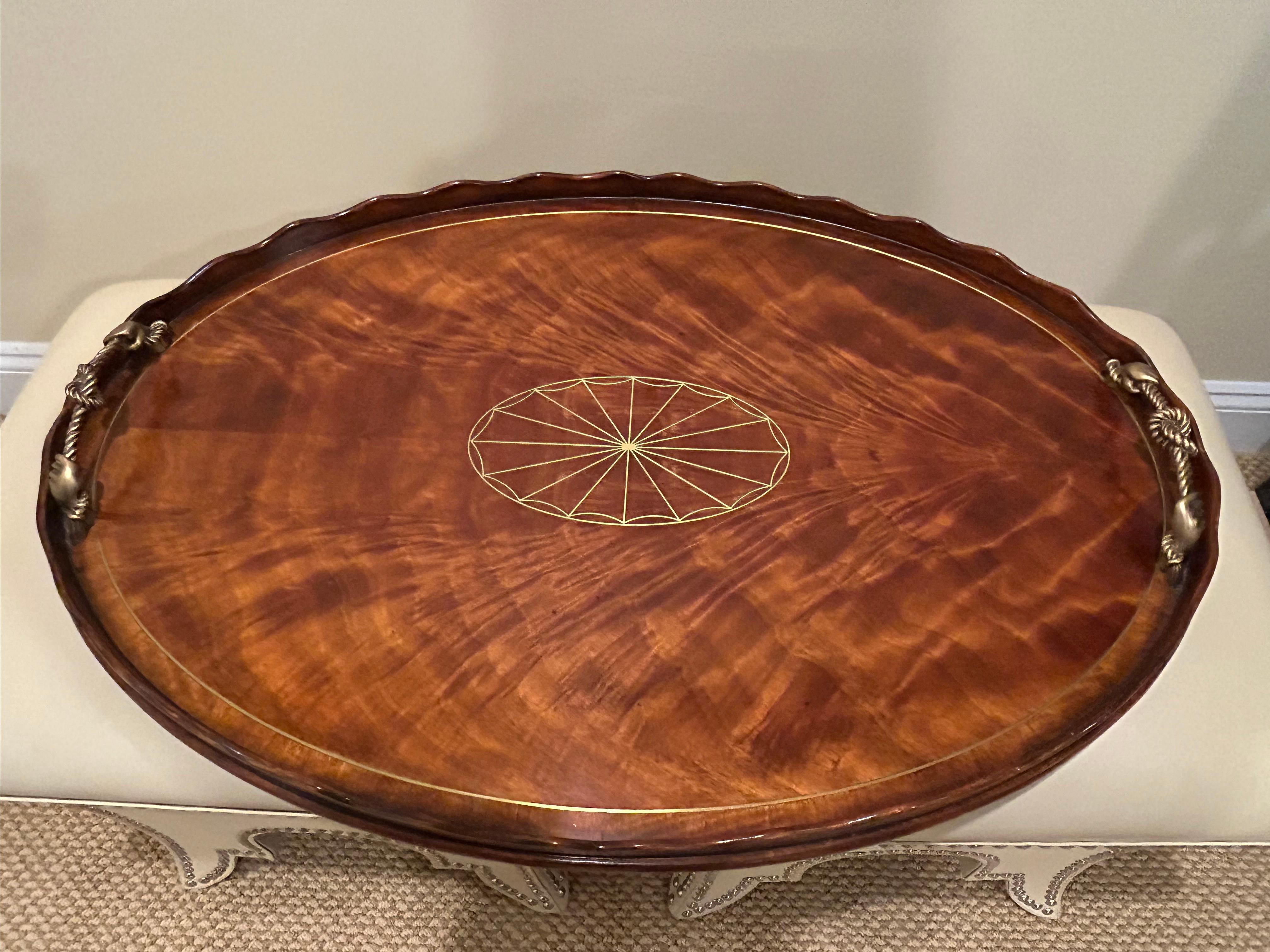 Handsome Theodore Alexander Flame Mahogany Rope Handle Serving Tray 1