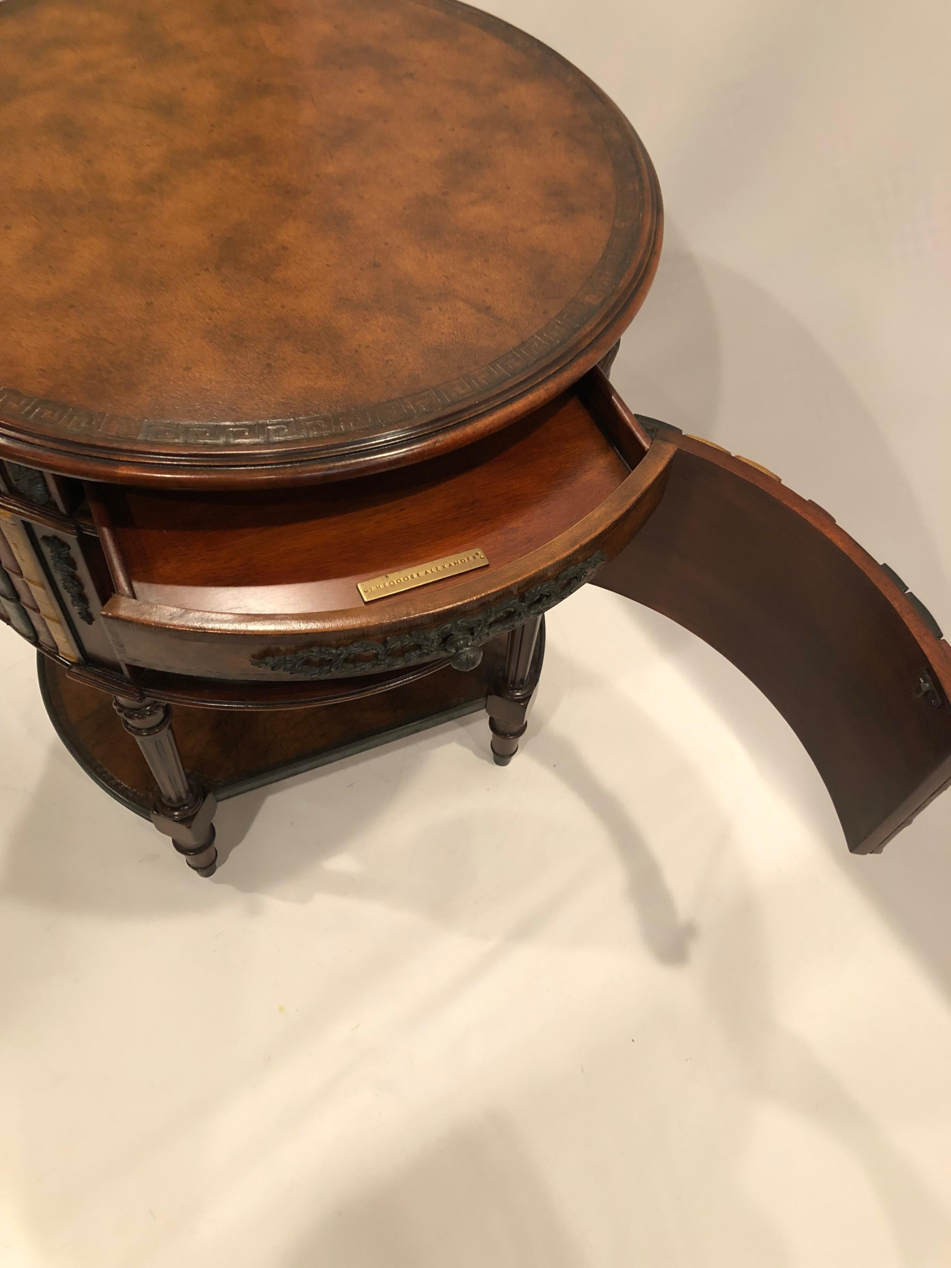 Handsome Theodore Alexander Round Leather & Burl Book Motif Side Table Cabinet 3