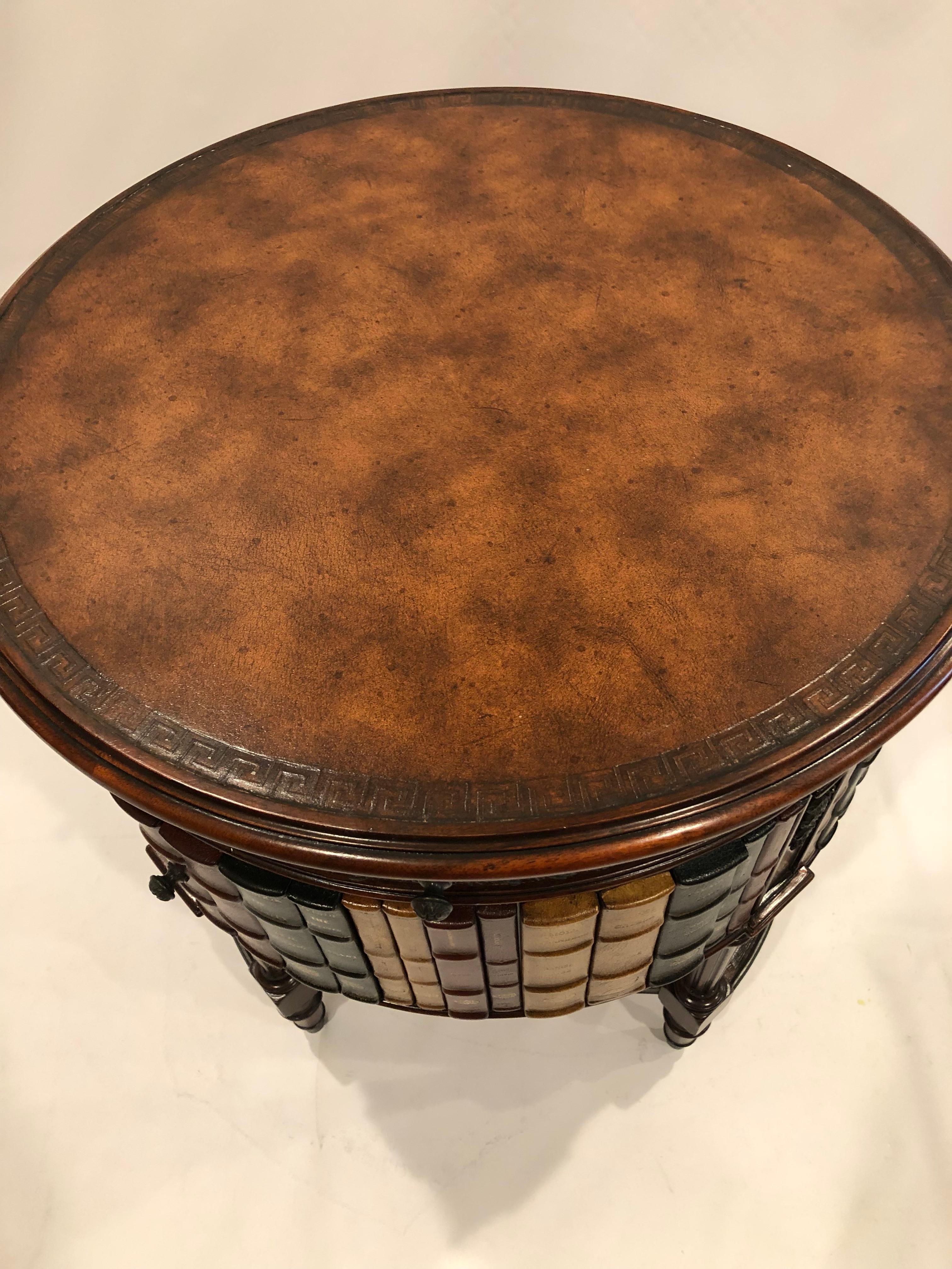Vietnamese Handsome Theodore Alexander Round Leather & Burl Book Motif Side Table Cabinet