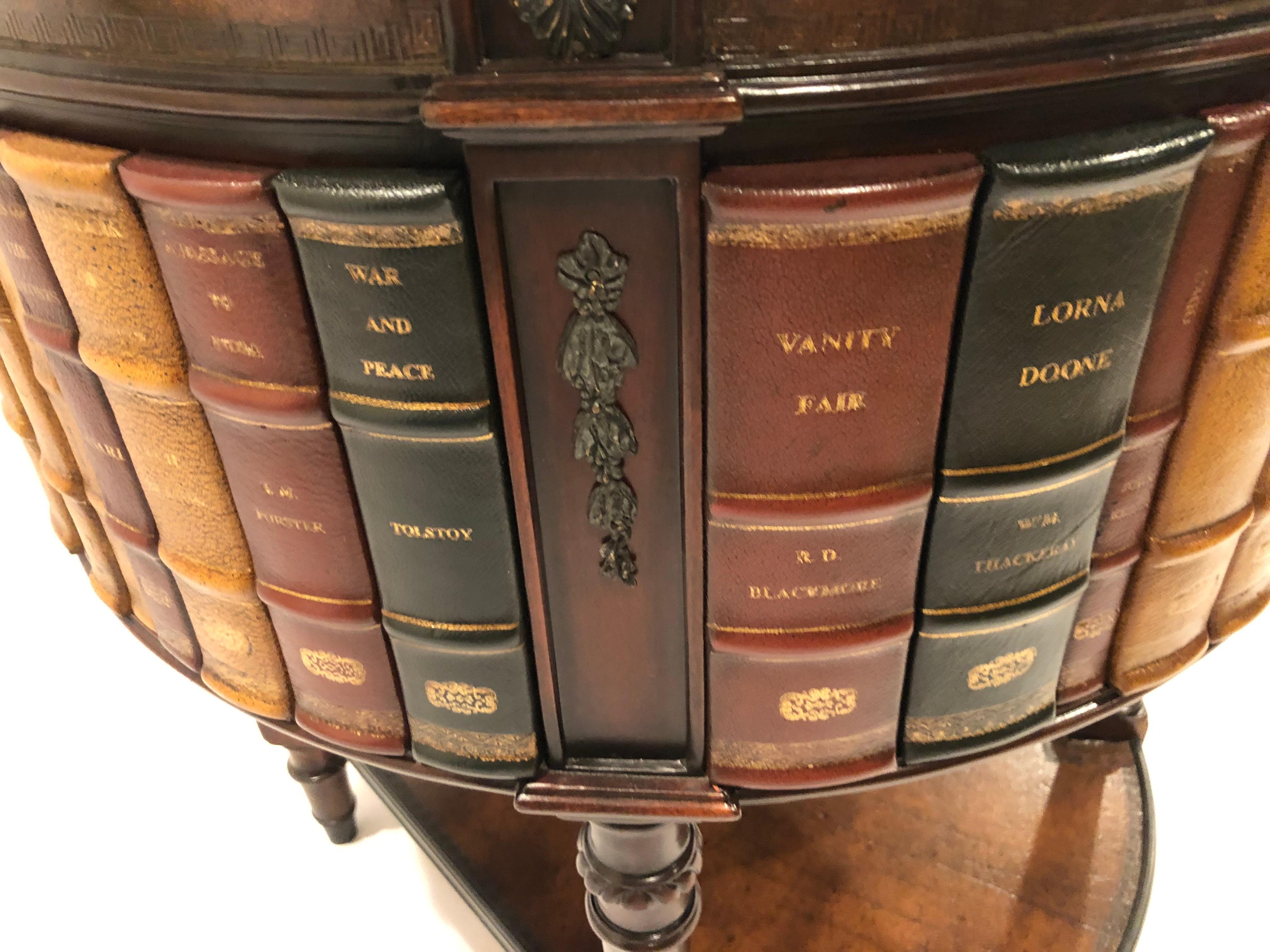 Handsome Theodore Alexander Round Leather & Burl Book Motif Side Table Cabinet In Good Condition In Hopewell, NJ