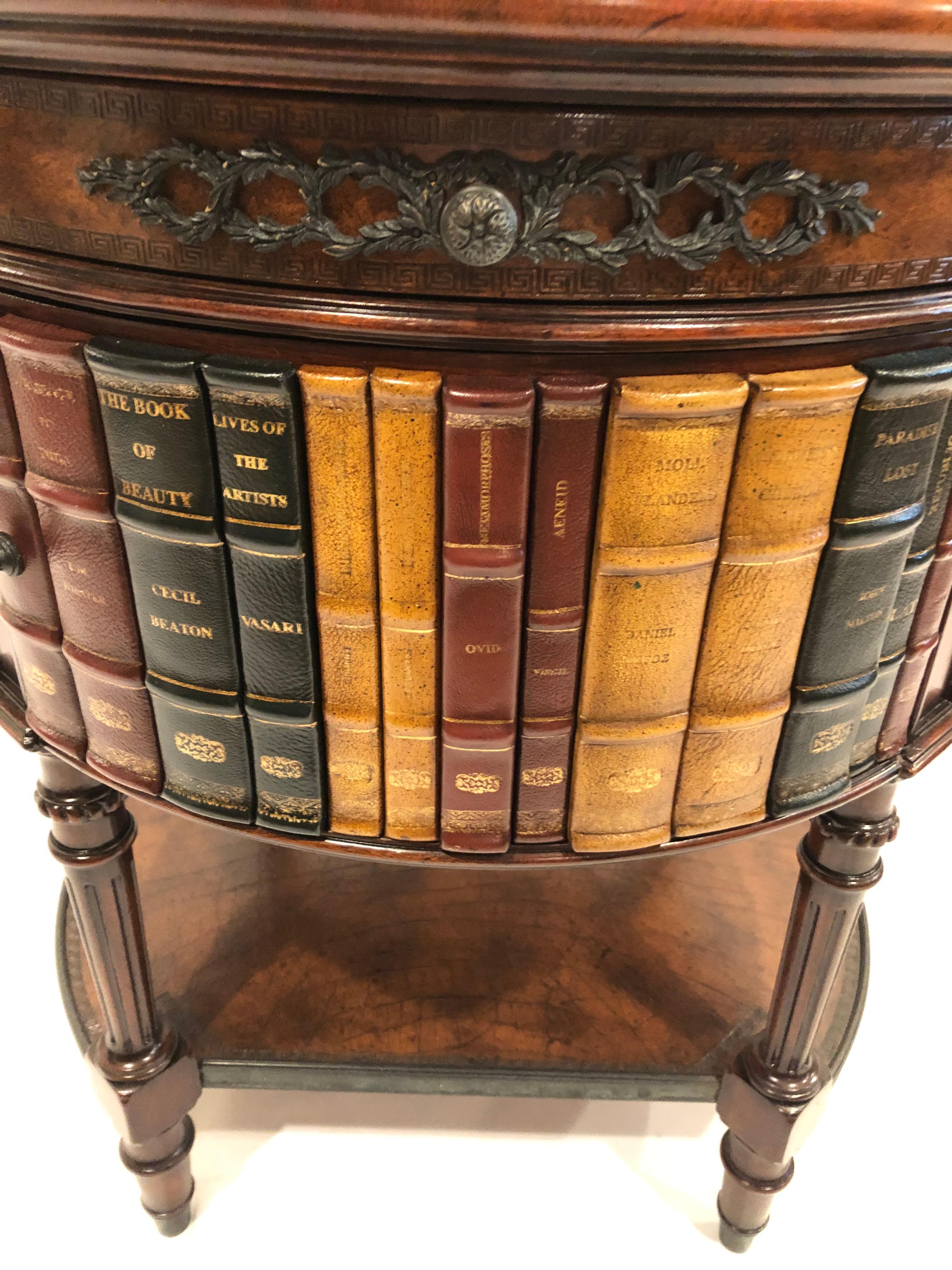Handsome Theodore Alexander Round Leather & Burl Book Motif Side Table Cabinet 1