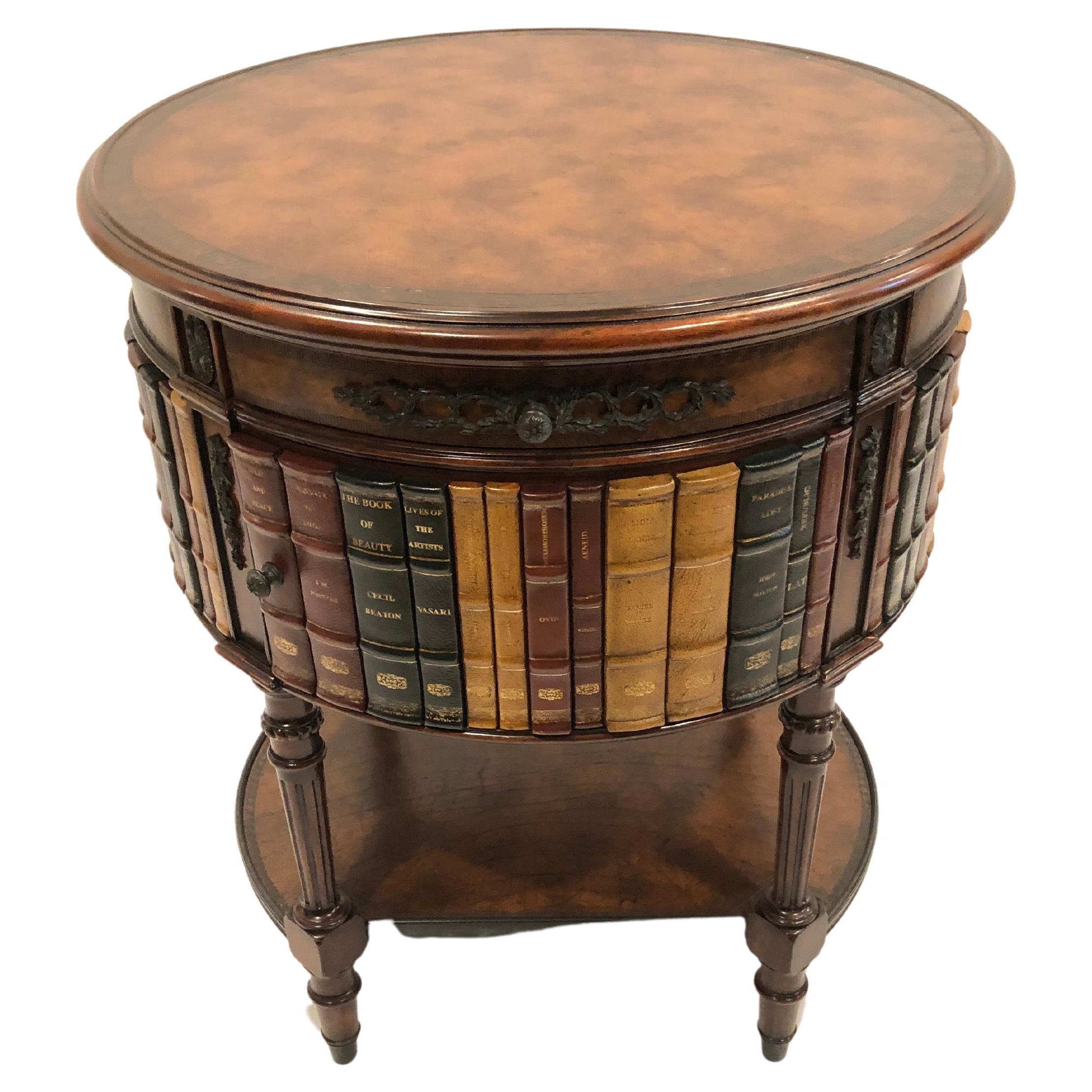 Handsome Theodore Alexander Round Leather & Burl Book Motif Side Table Cabinet