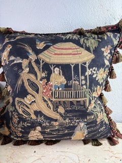 Handsome Thibaut chinoiserie tasseled cotton print pillows/a pair