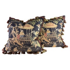 Handsome Thibaut chinoiserie tasseled cotton print pillows/a pair