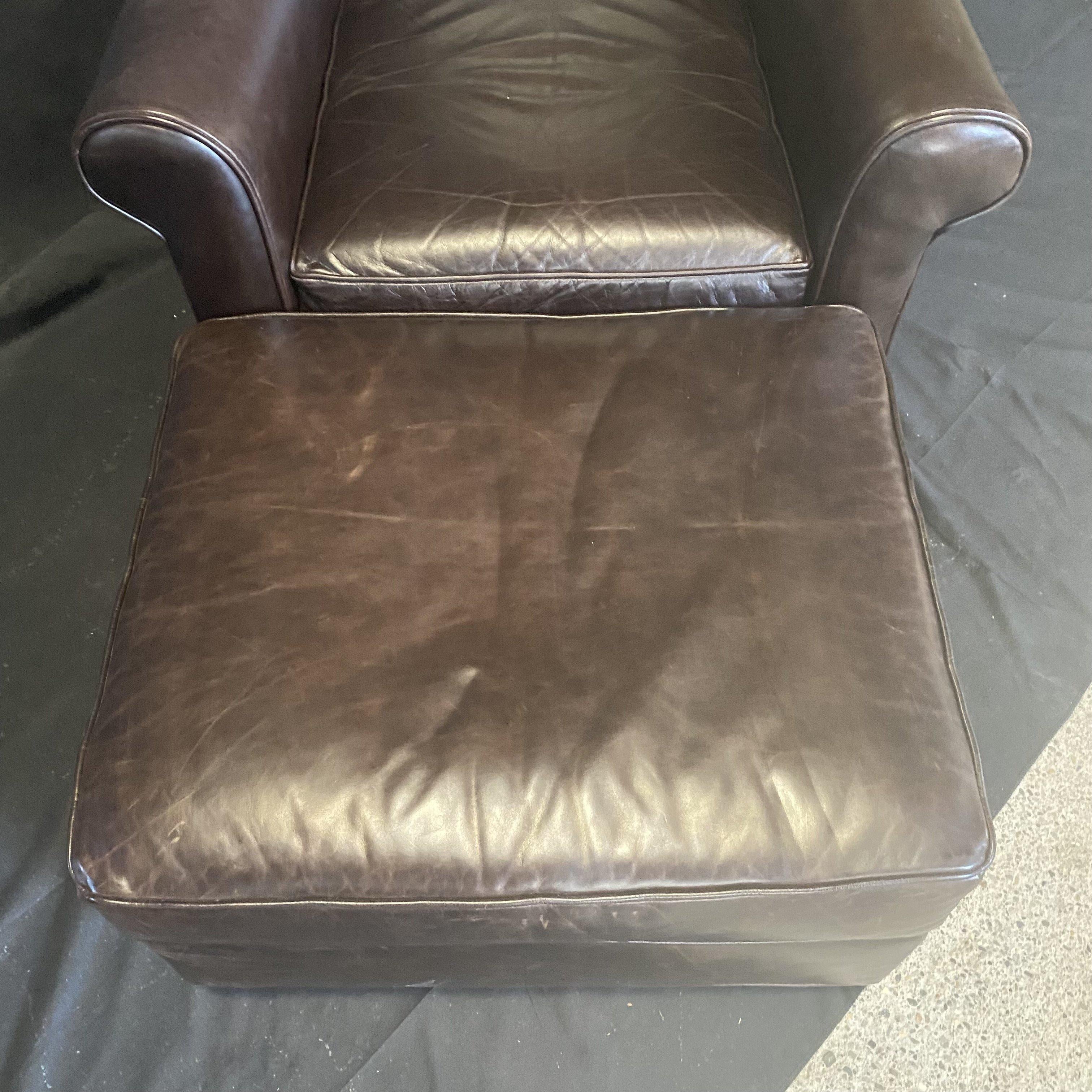 Handsome Tobacco Leather Club Chair with Matching Ottoman In Good Condition In Hopewell, NJ