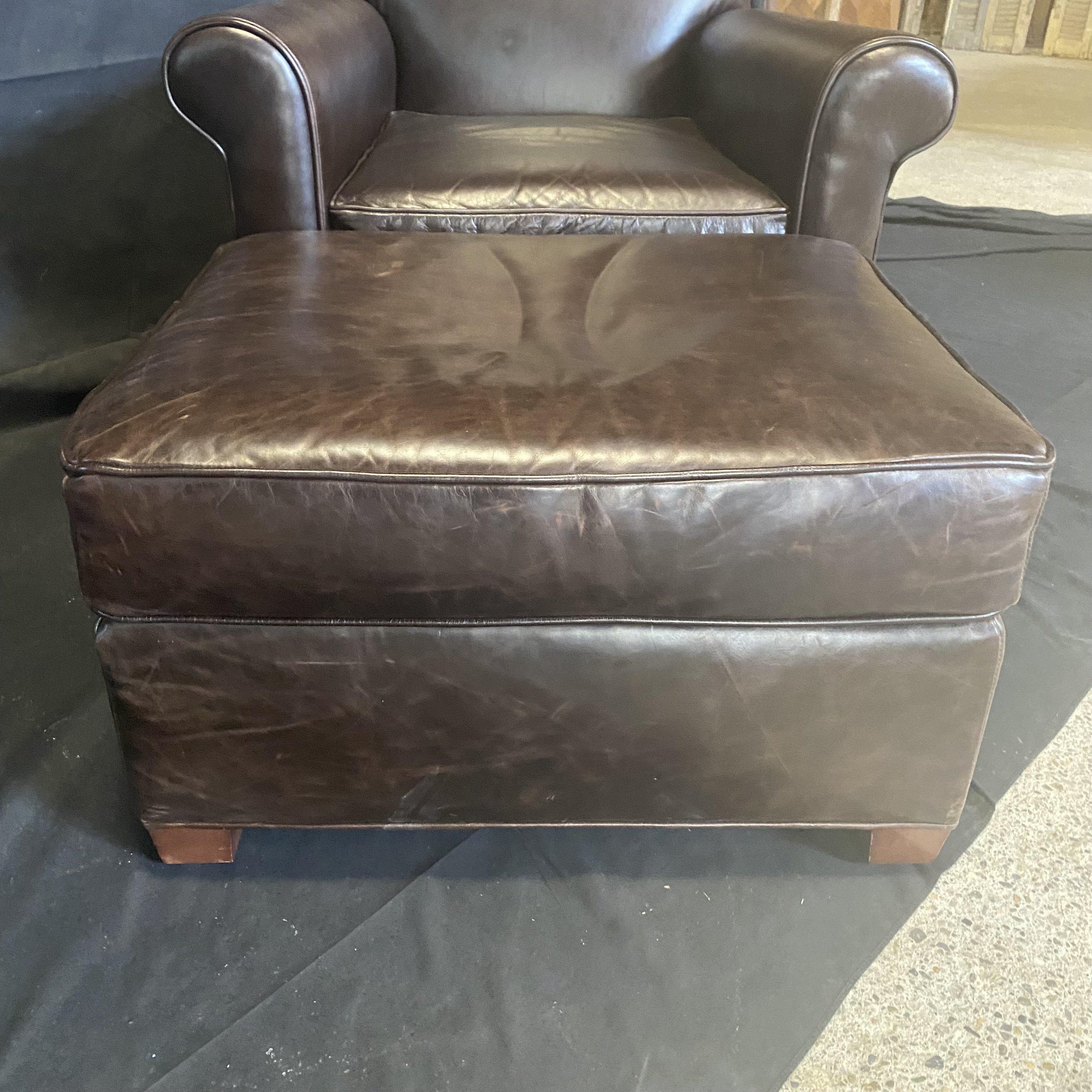 Late 20th Century Handsome Tobacco Leather Club Chair with Matching Ottoman