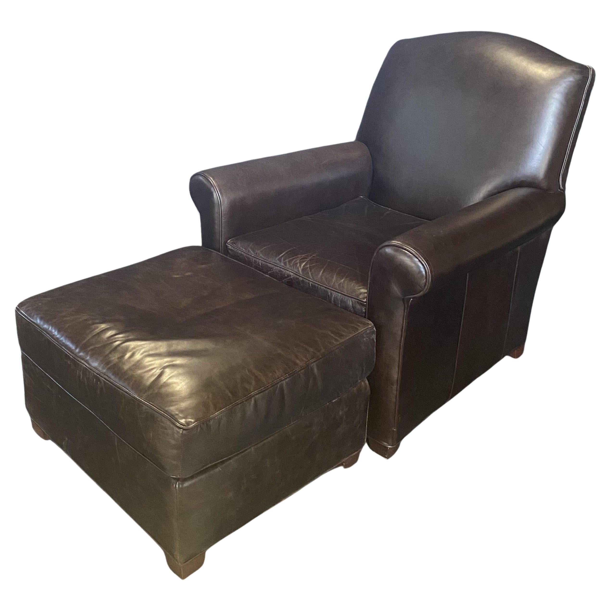 Handsome Tobacco Leather Club Chair with Matching Ottoman