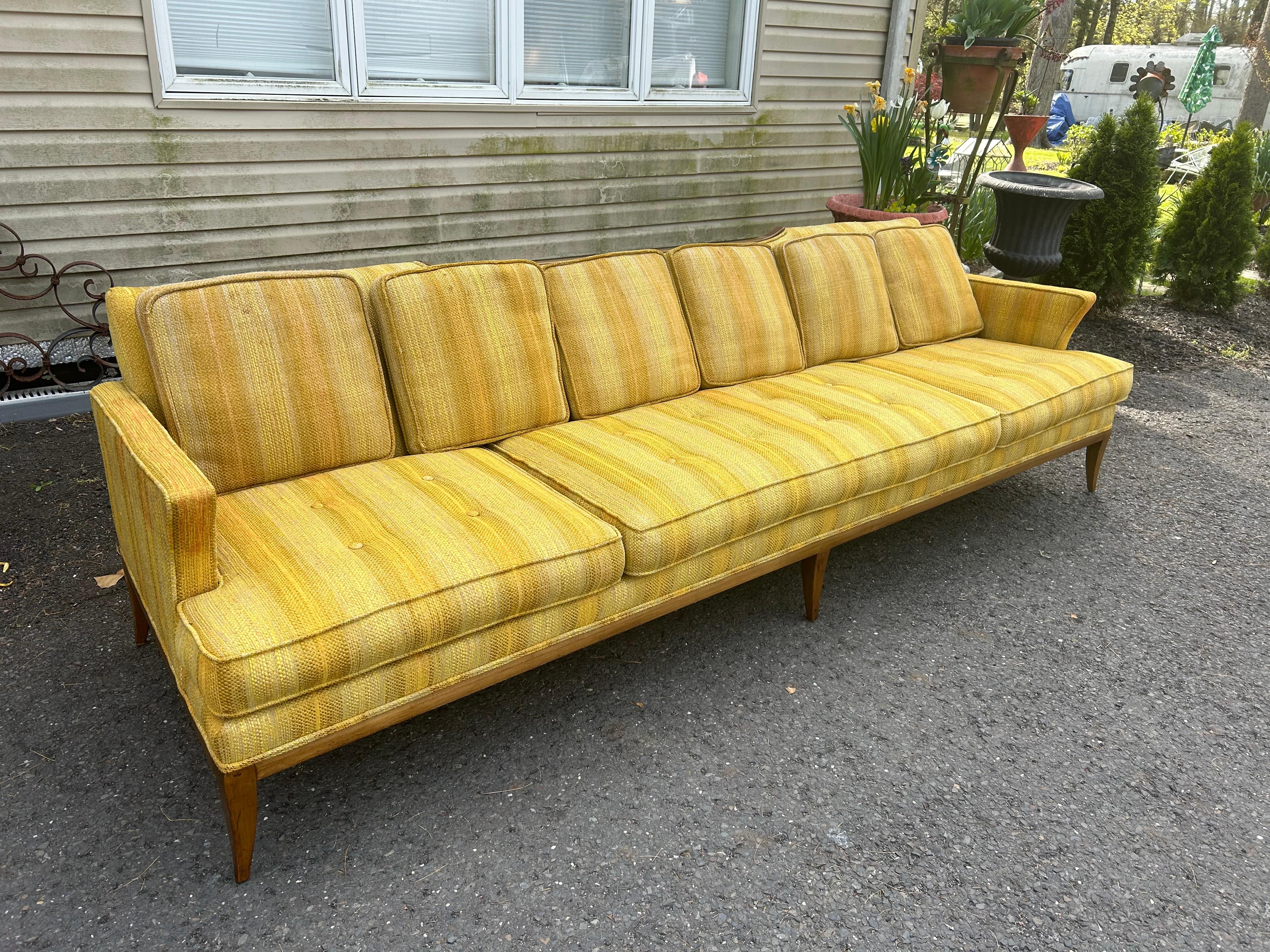 Handsome Tomlinson style X-Long Sofa Pecan Wood Sofa Mid-Century Modern For Sale 13