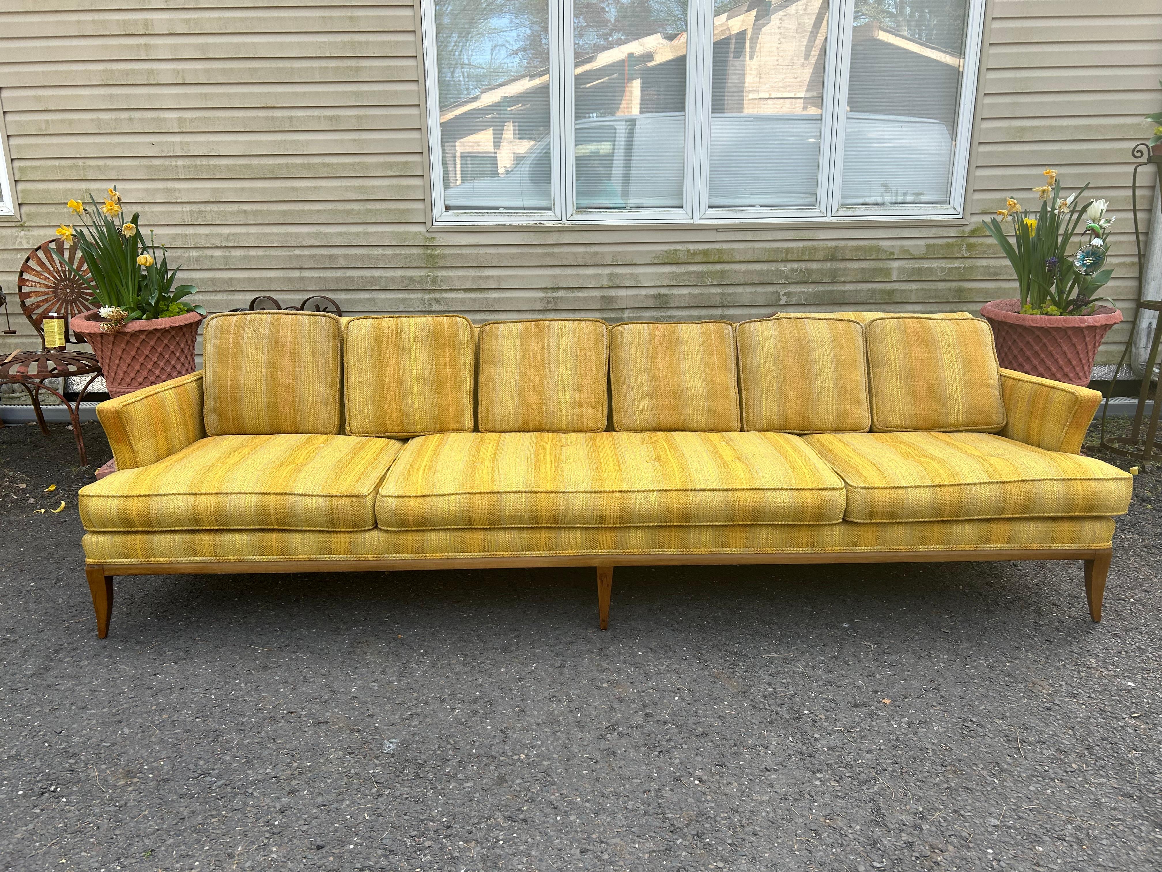 American Handsome Tomlinson style X-Long Sofa Pecan Wood Sofa Mid-Century Modern For Sale