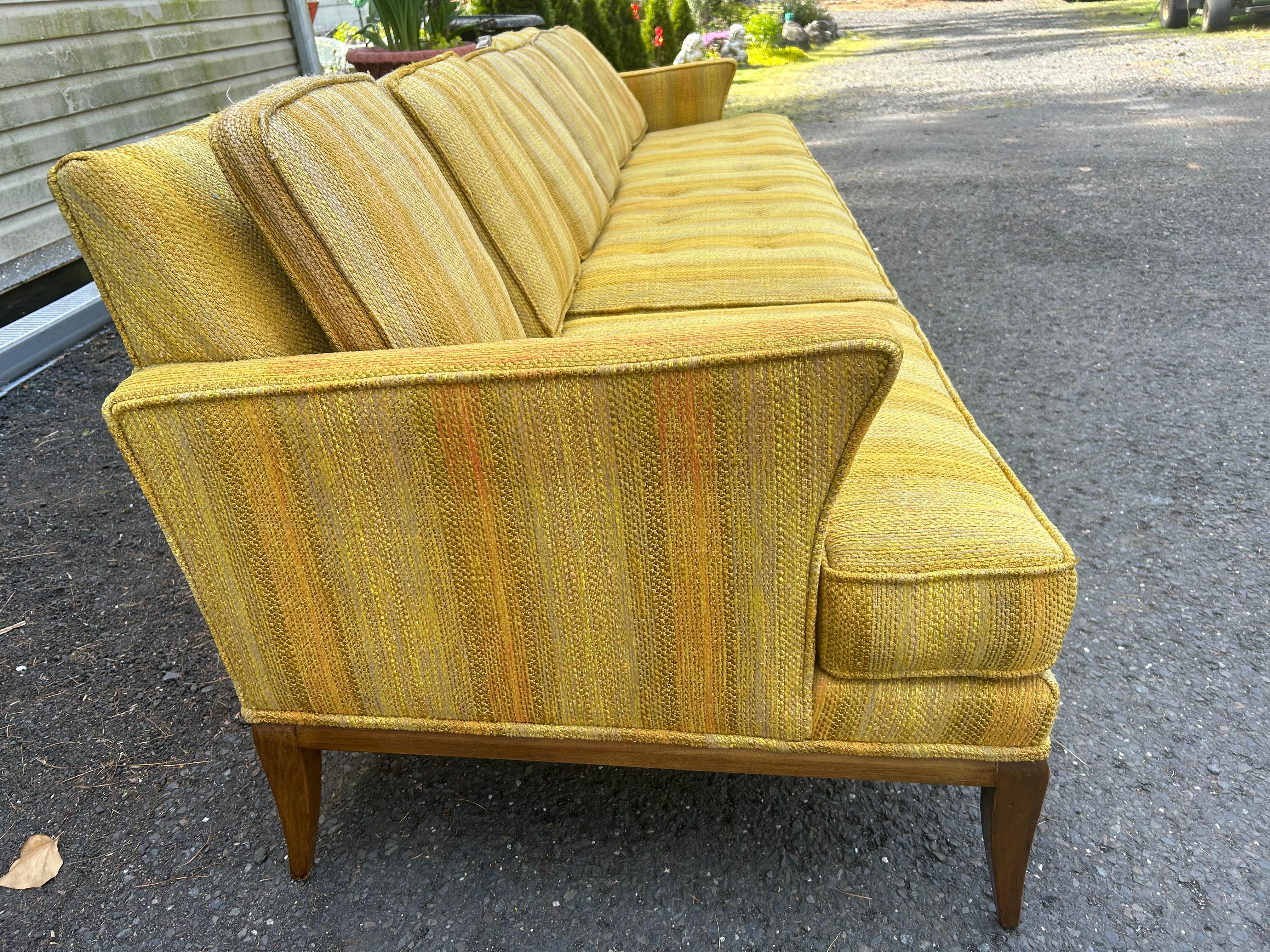 Mid-20th Century Handsome Tomlinson style X-Long Sofa Pecan Wood Sofa Mid-Century Modern For Sale