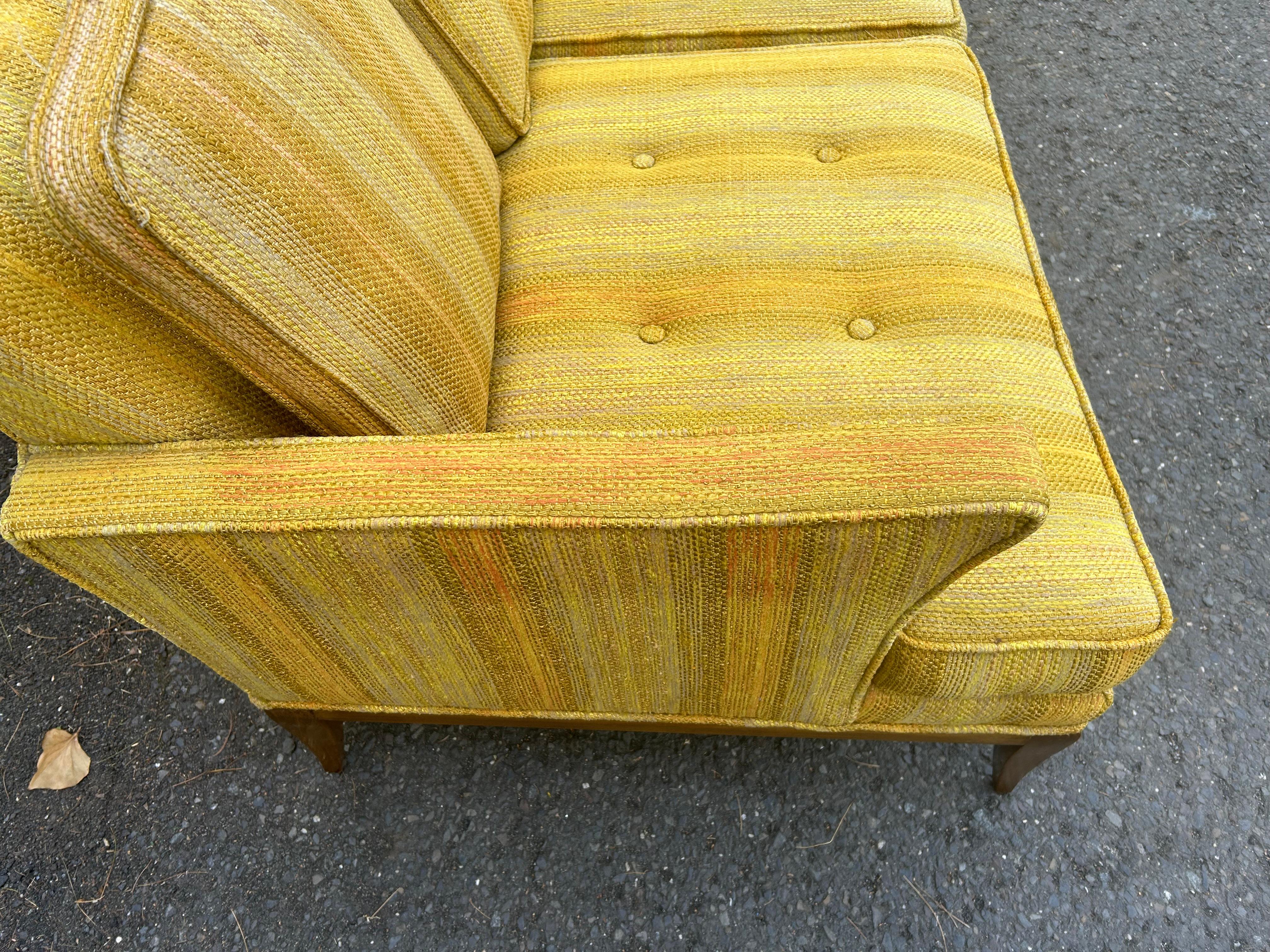 Upholstery Handsome Tomlinson style X-Long Sofa Pecan Wood Sofa Mid-Century Modern For Sale