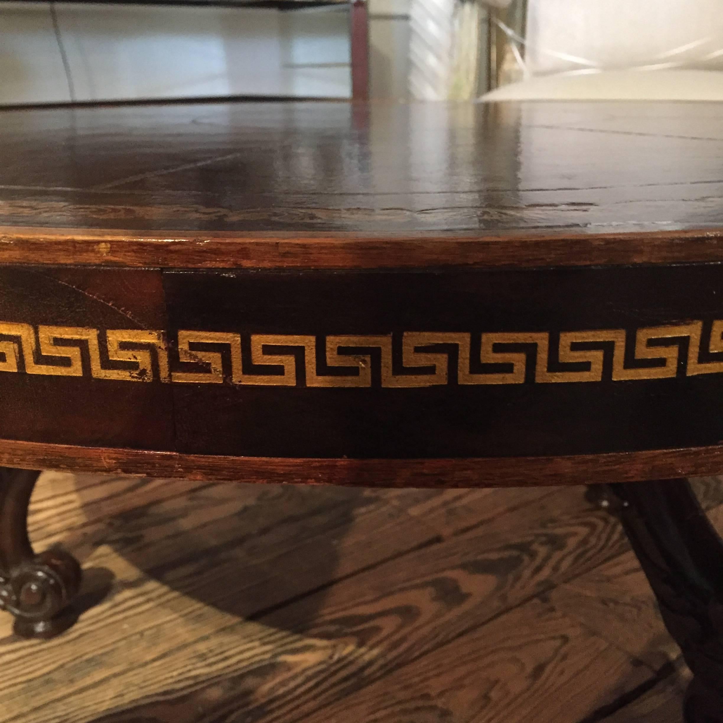 American Handsome Tooled Leather Round Coffee Cocktail Table with Greek Key Design