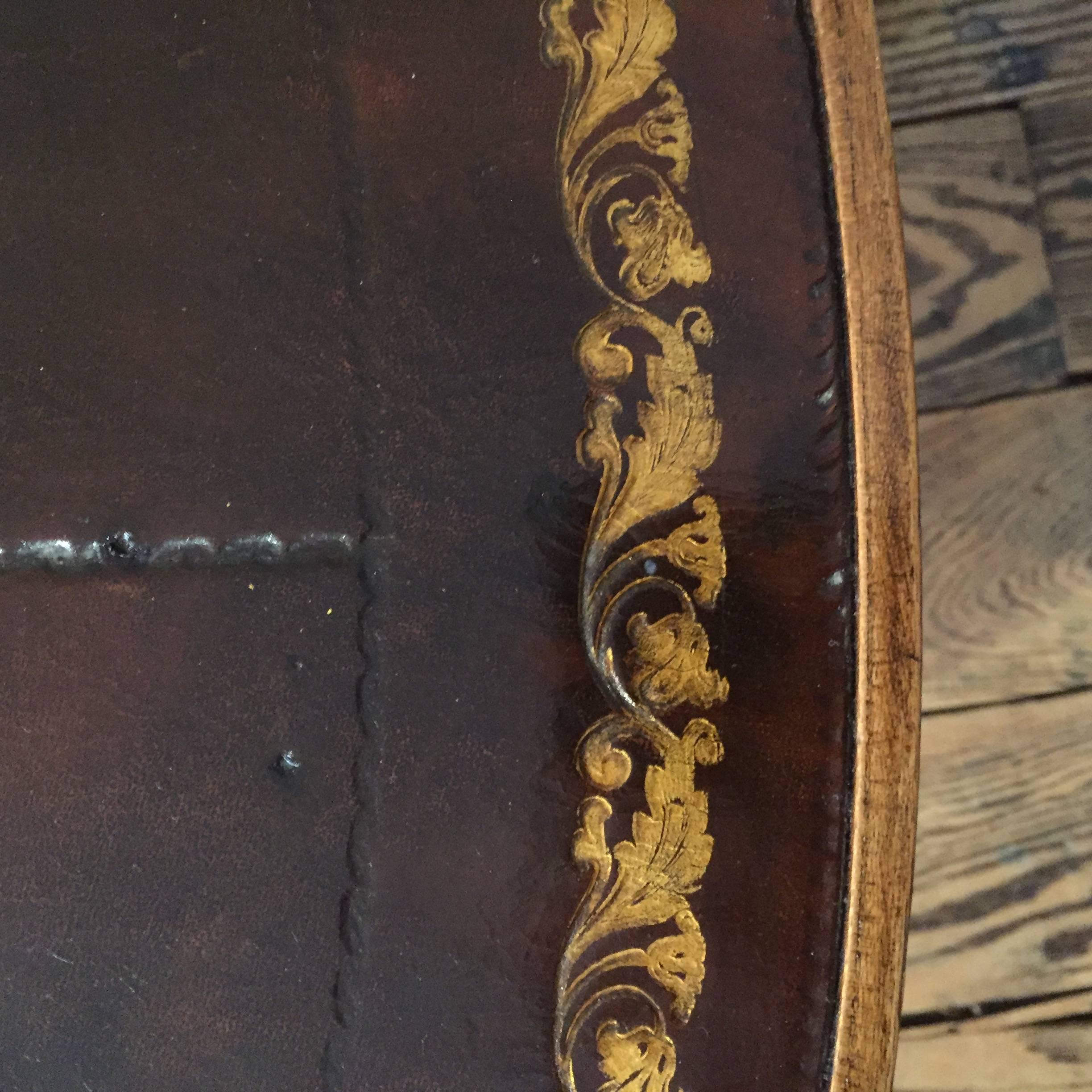 Handsome Tooled Leather Round Coffee Cocktail Table with Greek Key Design In Excellent Condition In Hopewell, NJ
