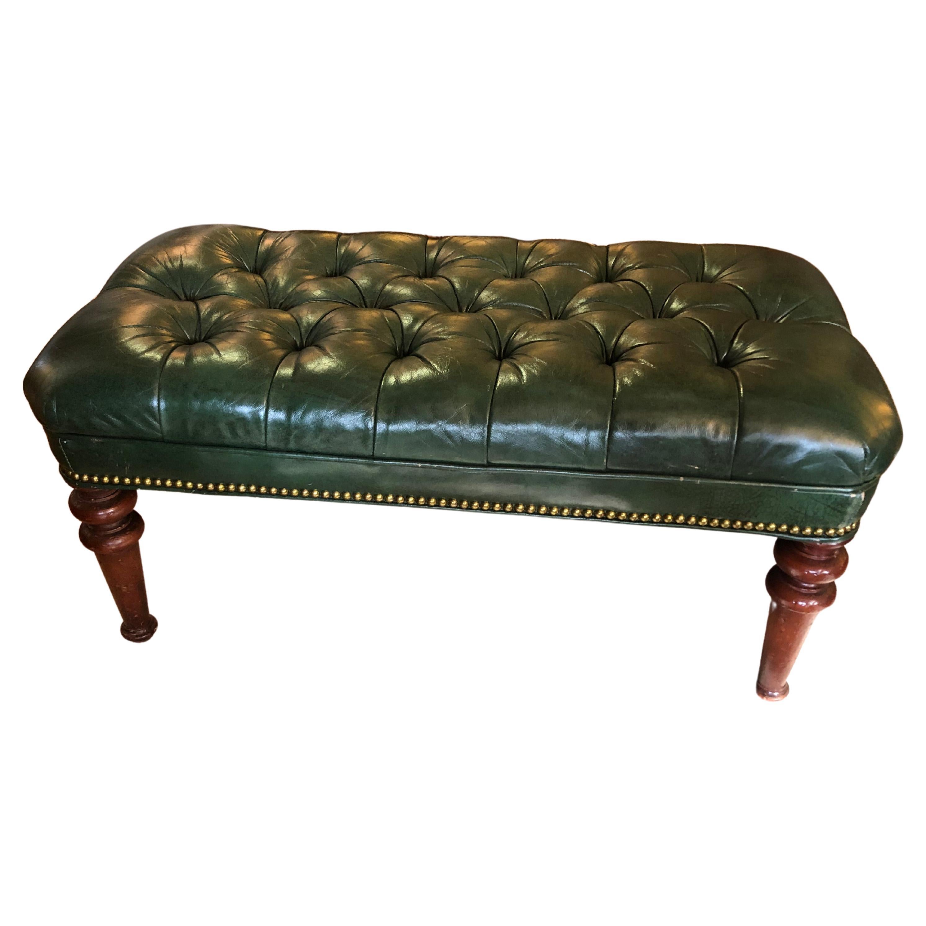 Handsome Traditional Dark Green Leather Tufted Bench Ottoman