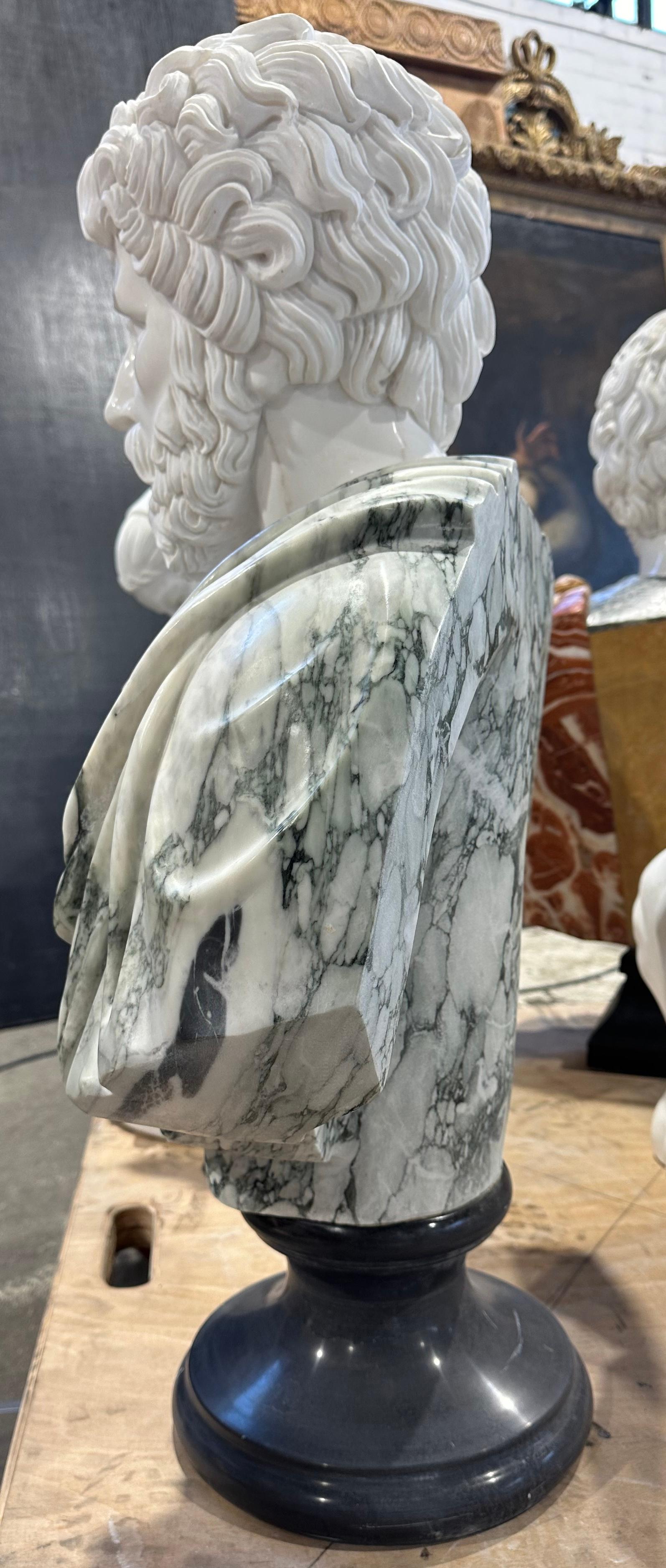 European Handsome Two Colour Marble Male Bust On Black Marble Stand  For Sale