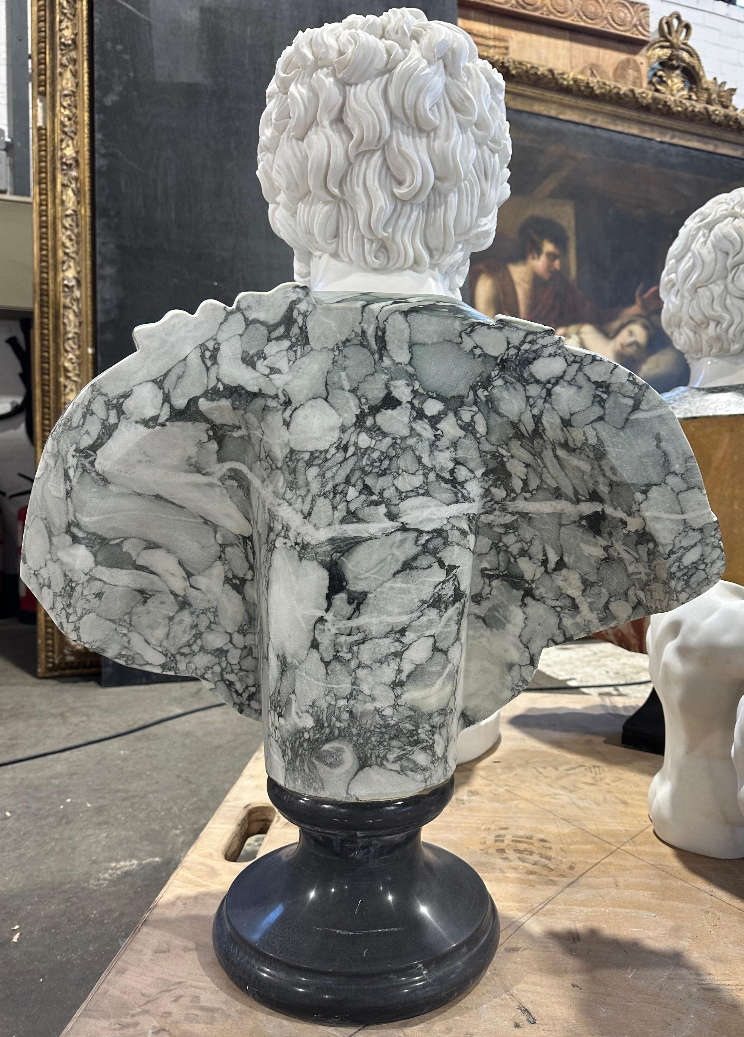 Hand-Carved Handsome Two Colour Marble Male Bust On Black Marble Stand  For Sale