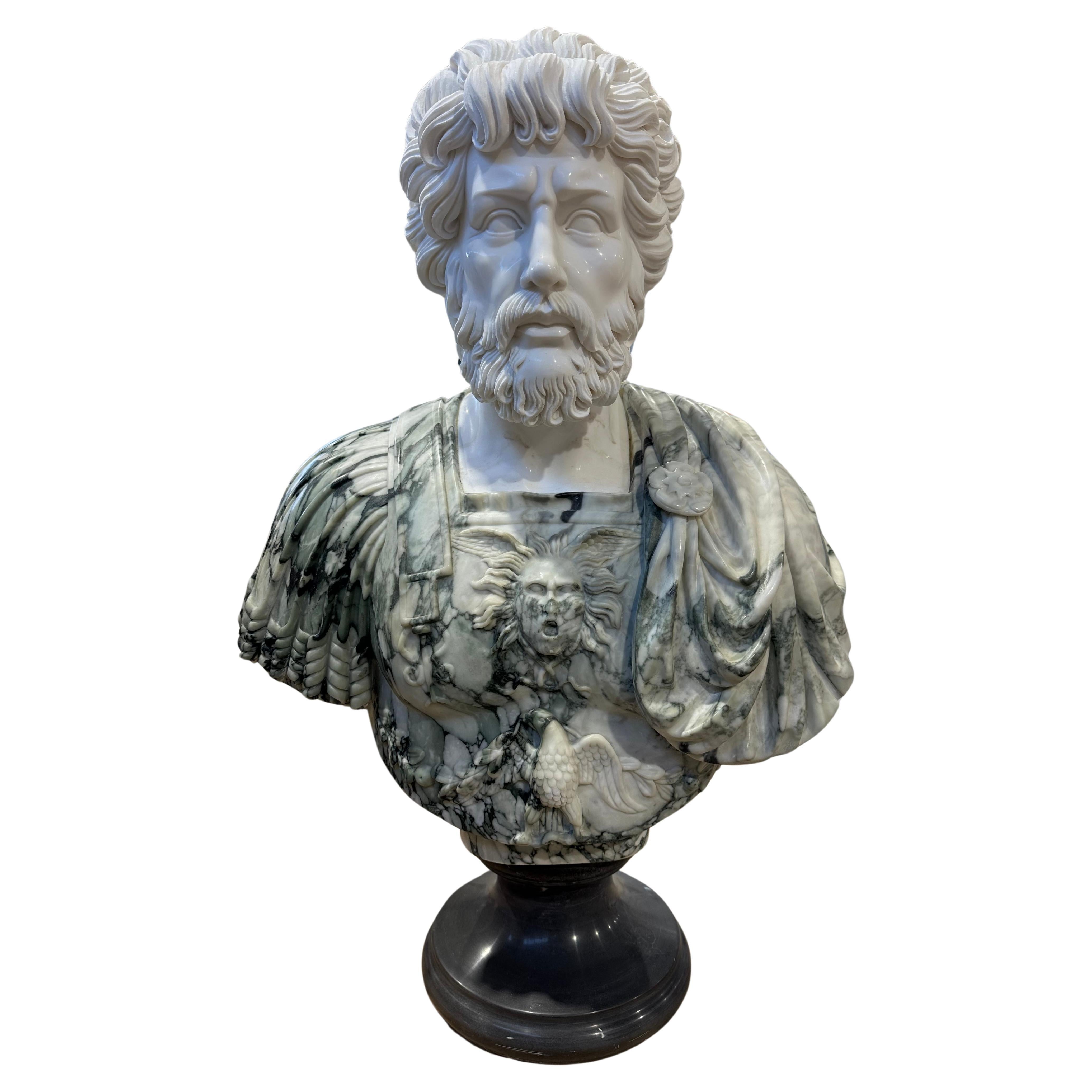 Handsome Two Colour Marble Male Bust On Black Marble Stand  For Sale