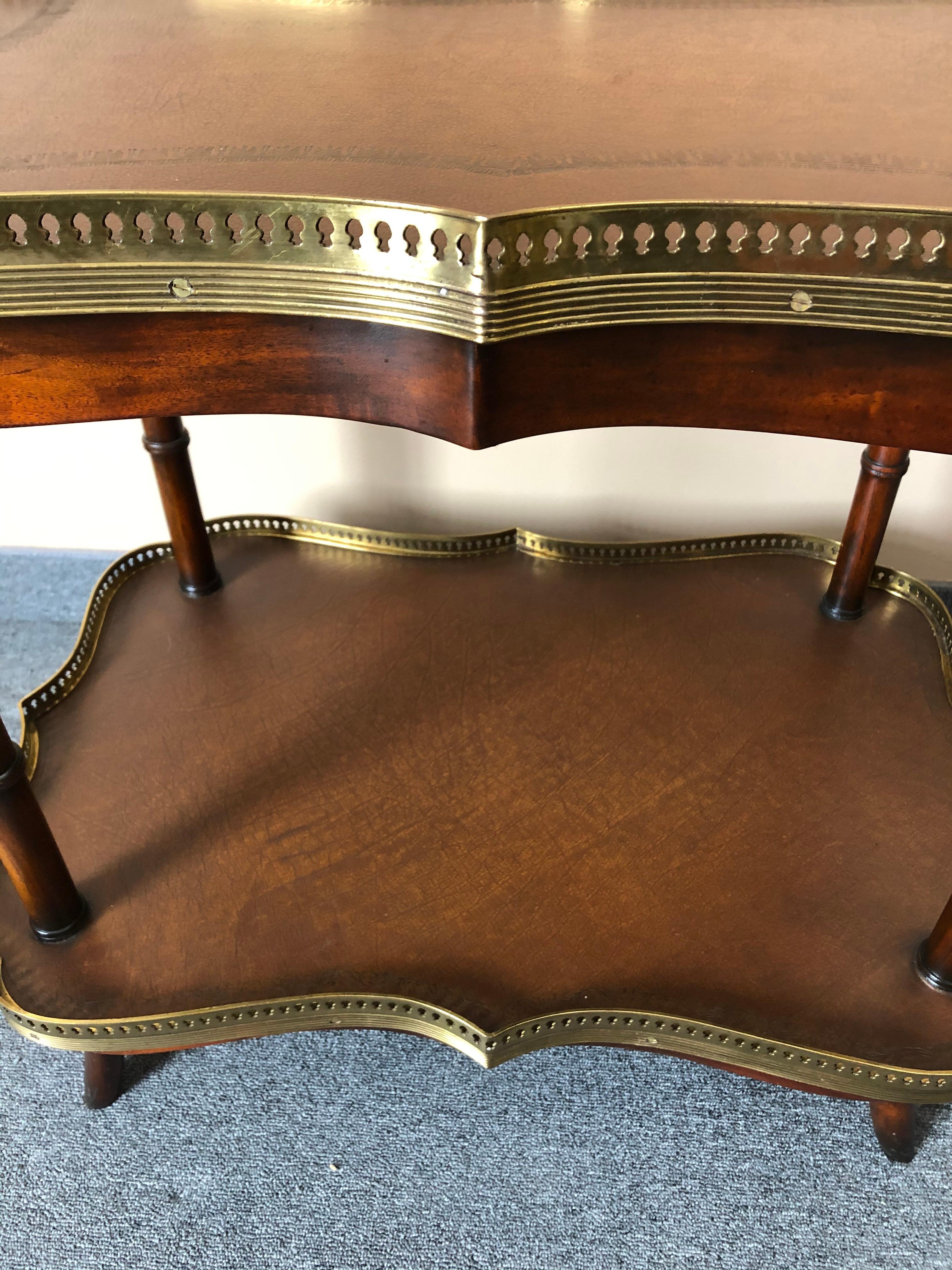 American Handsome Two-Tier Leather and Wood Side Table or Bar Cart by Theodore Alexander