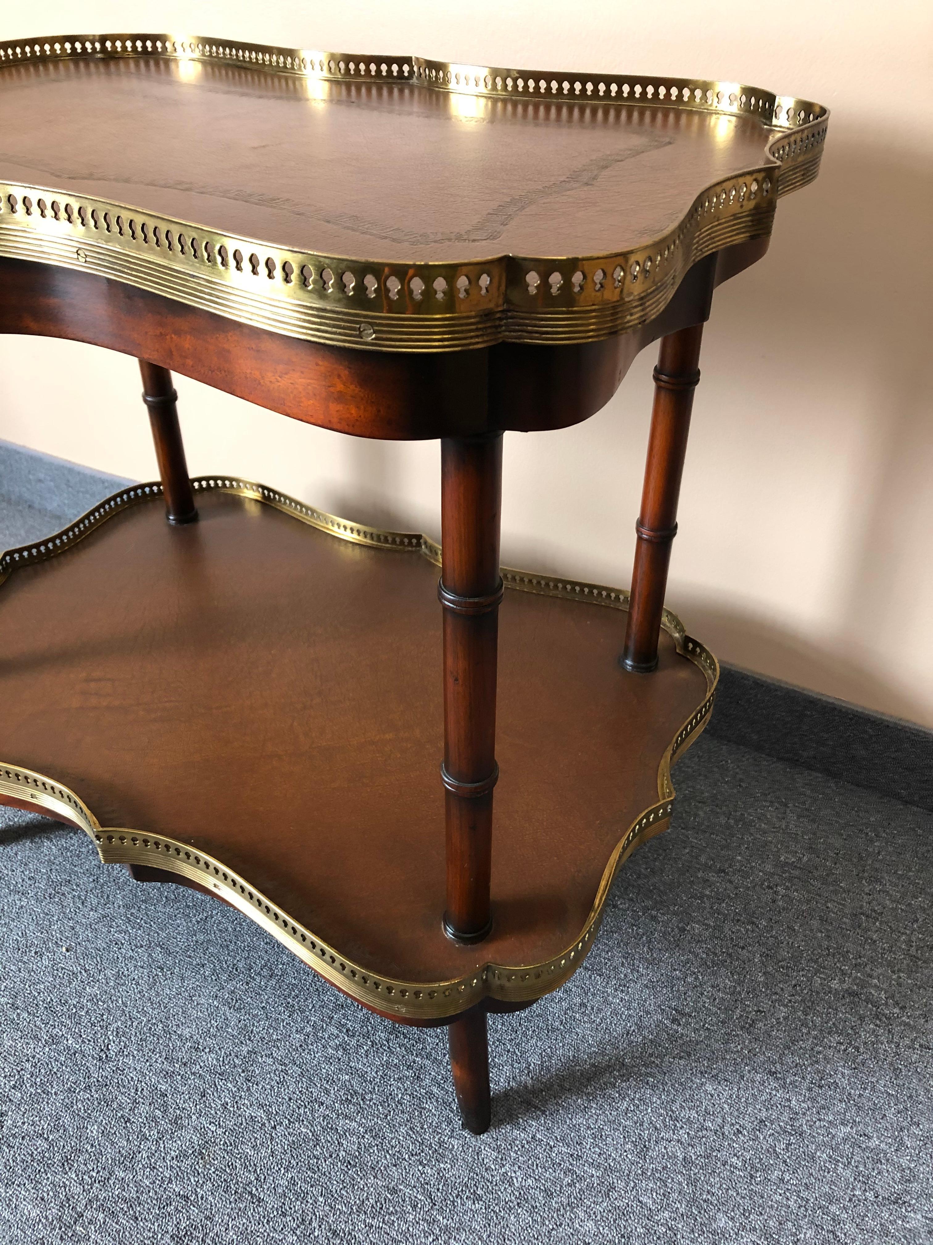 Handsome Two-Tier Leather and Wood Side Table or Bar Cart by Theodore Alexander In Excellent Condition In Hopewell, NJ