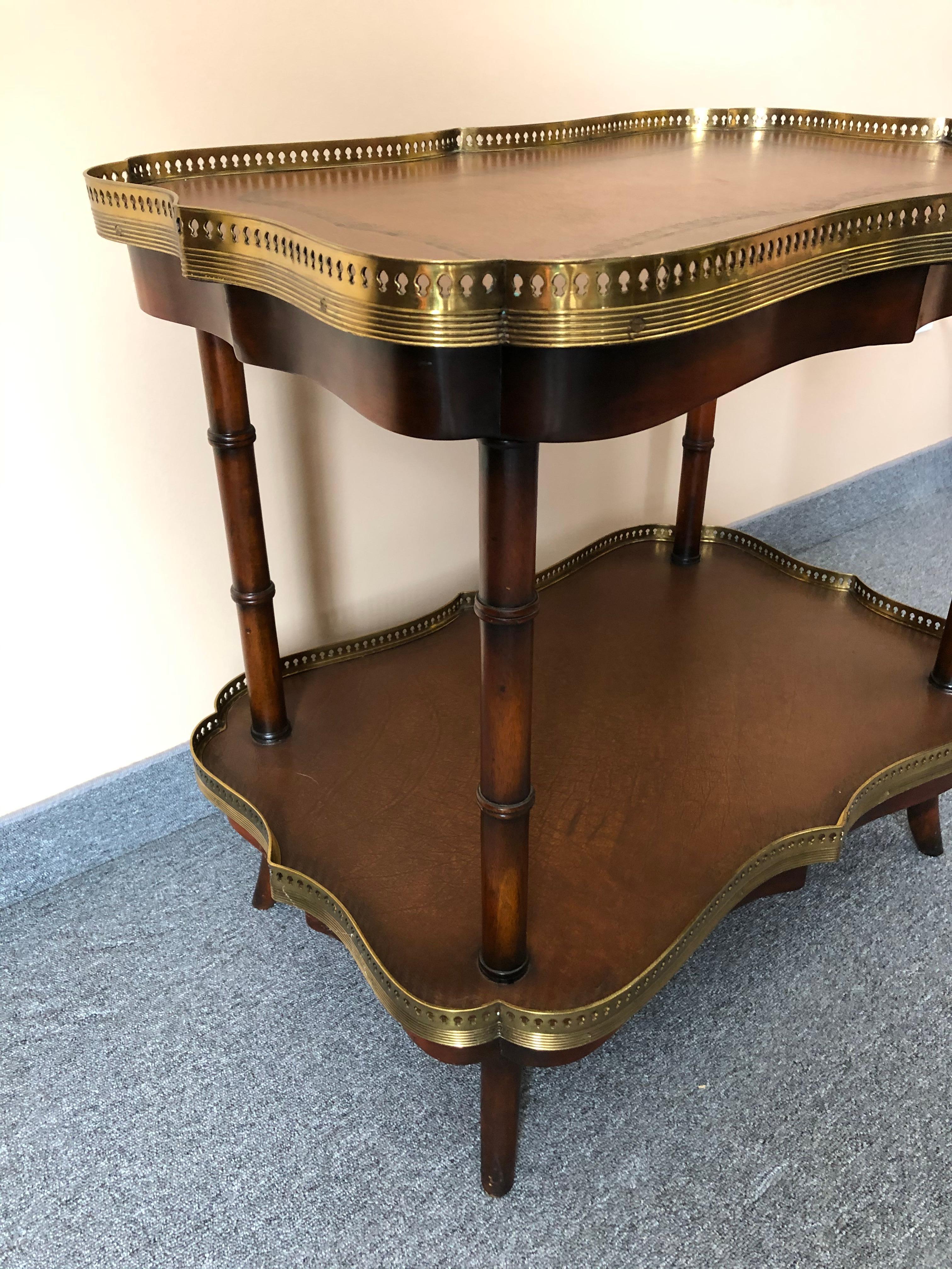 Late 20th Century Handsome Two-Tier Leather and Wood Side Table or Bar Cart by Theodore Alexander