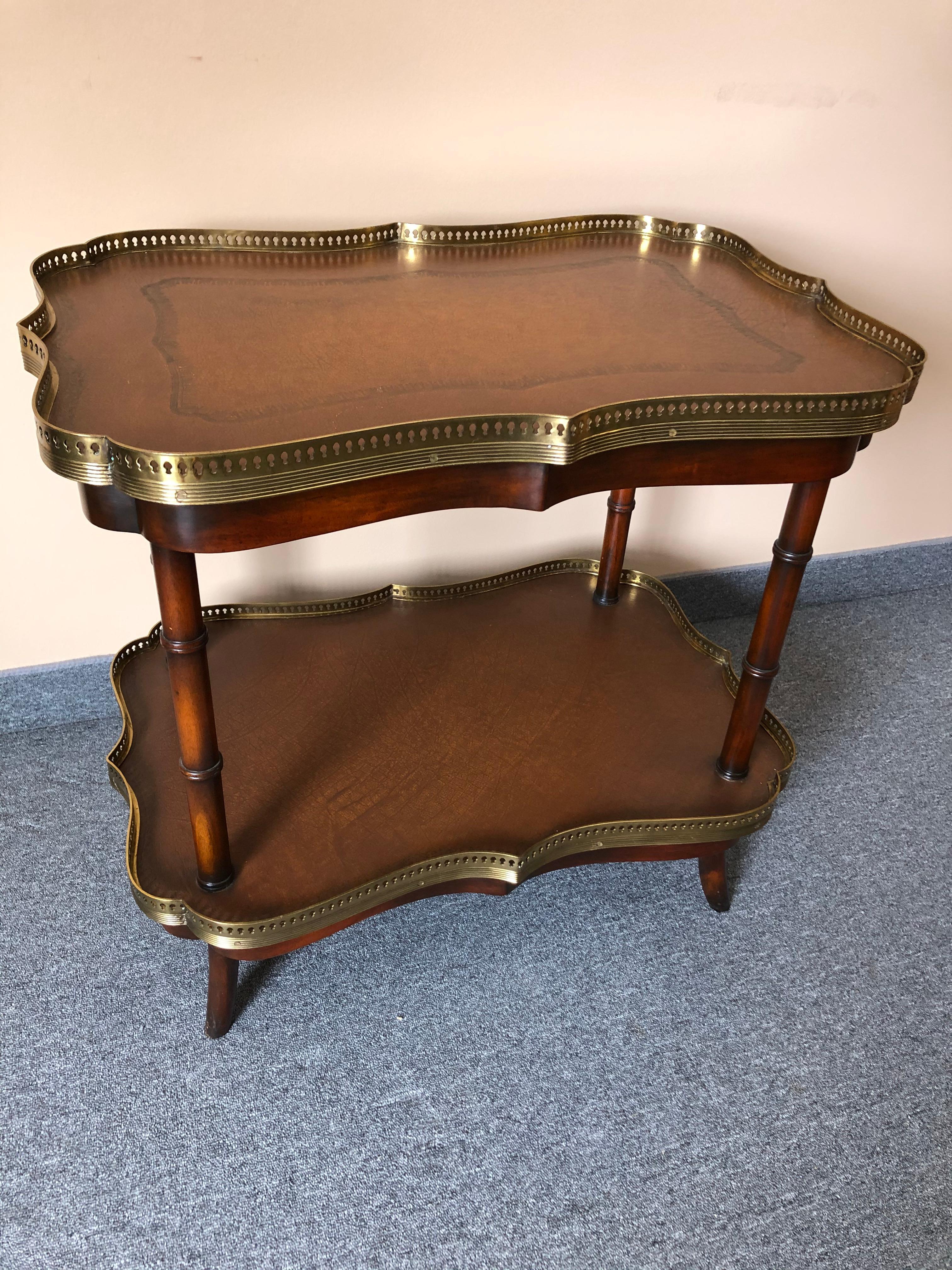 Handsome Two-Tier Leather and Wood Side Table or Bar Cart by Theodore Alexander 2