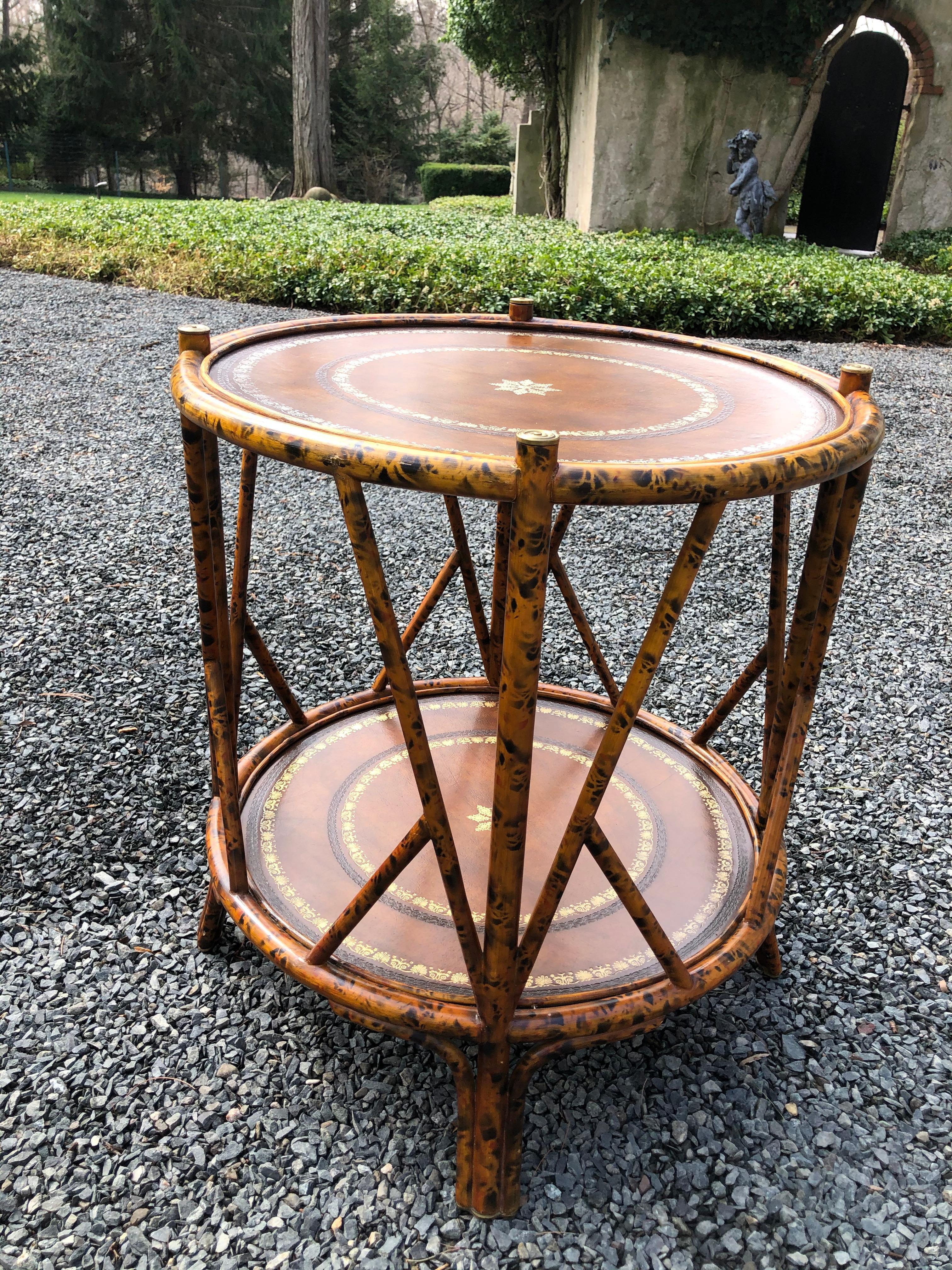 North American Handsome Two Tier Round Bamboo & Leather Side Table