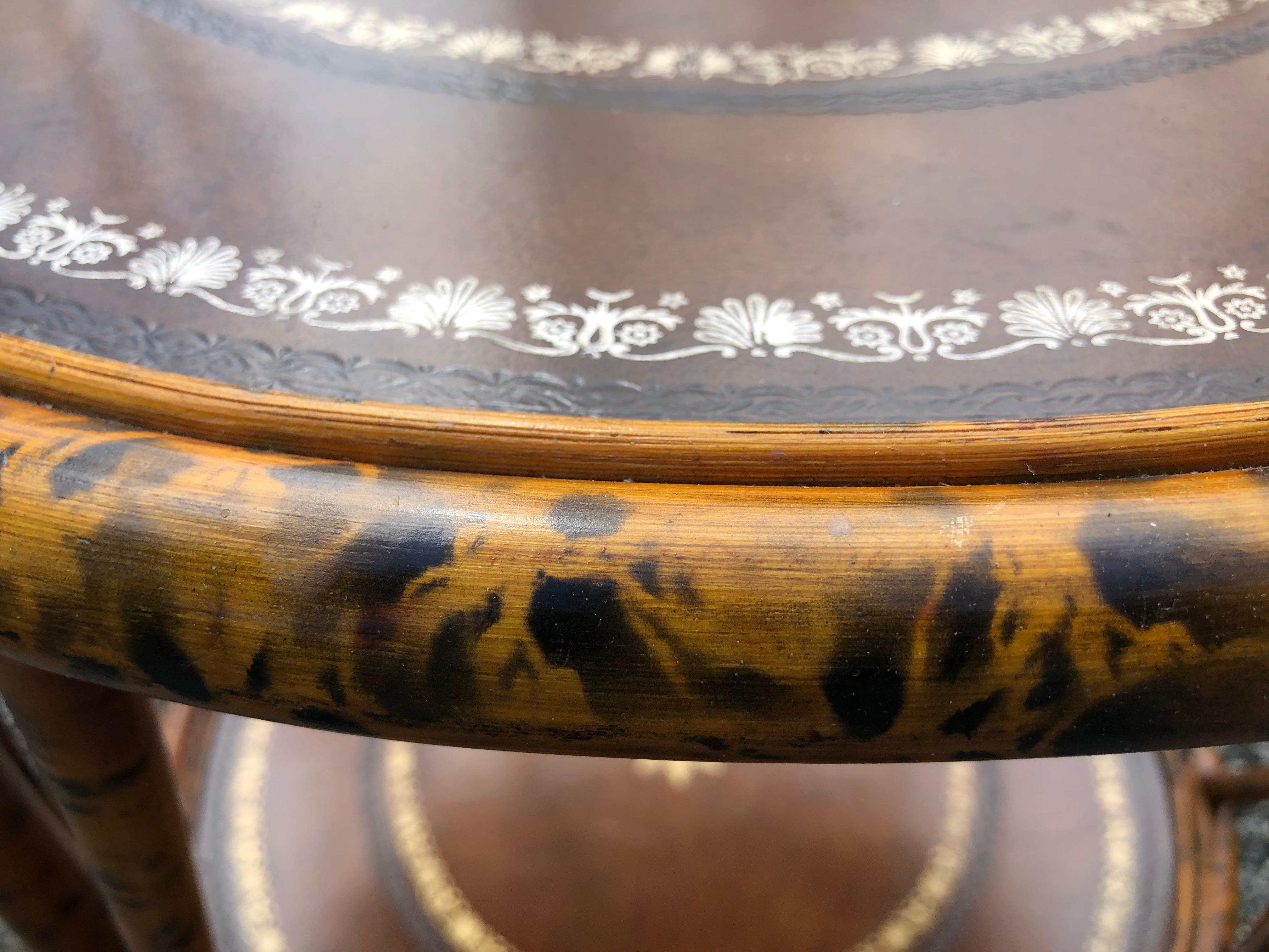 Late 20th Century Handsome Two Tier Round Bamboo & Leather Side Table