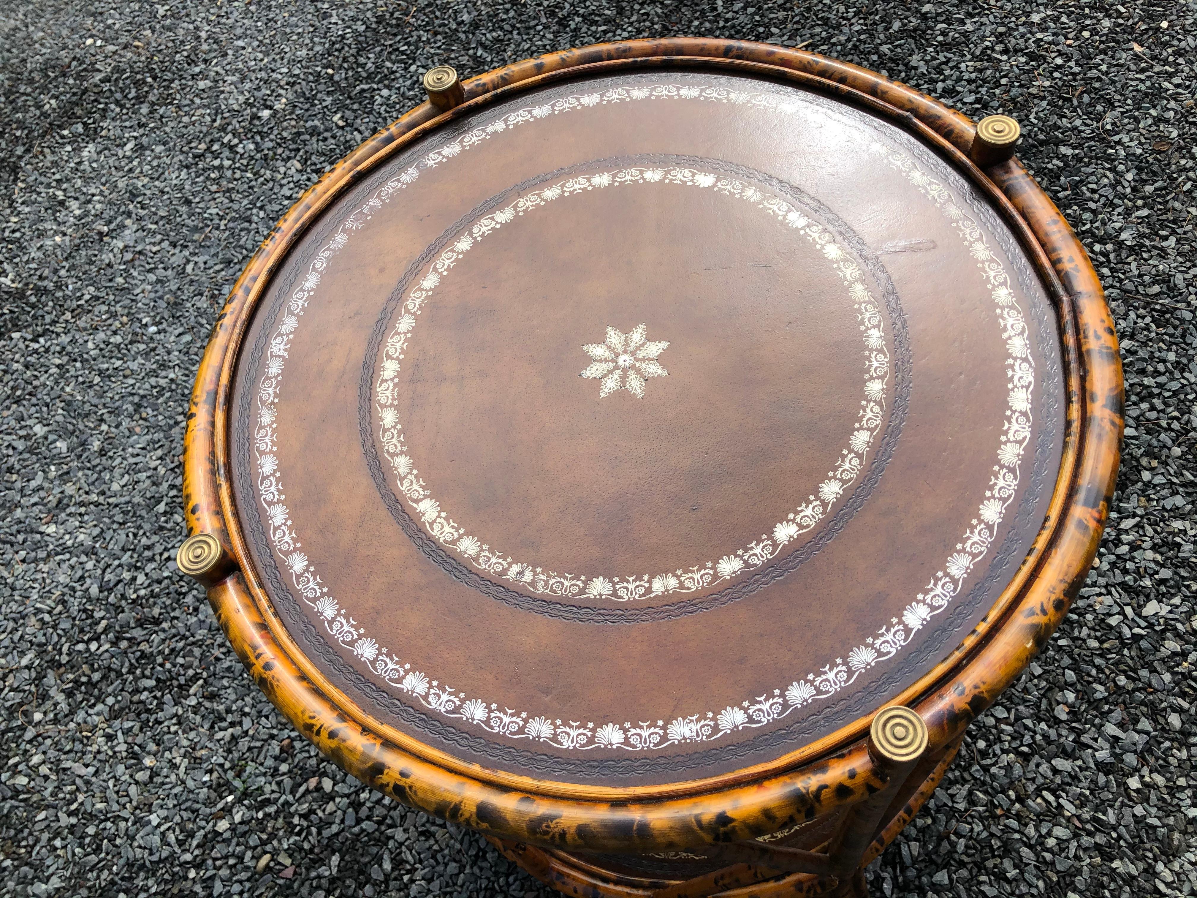 Handsome Two Tier Round Bamboo & Leather Side Table 3