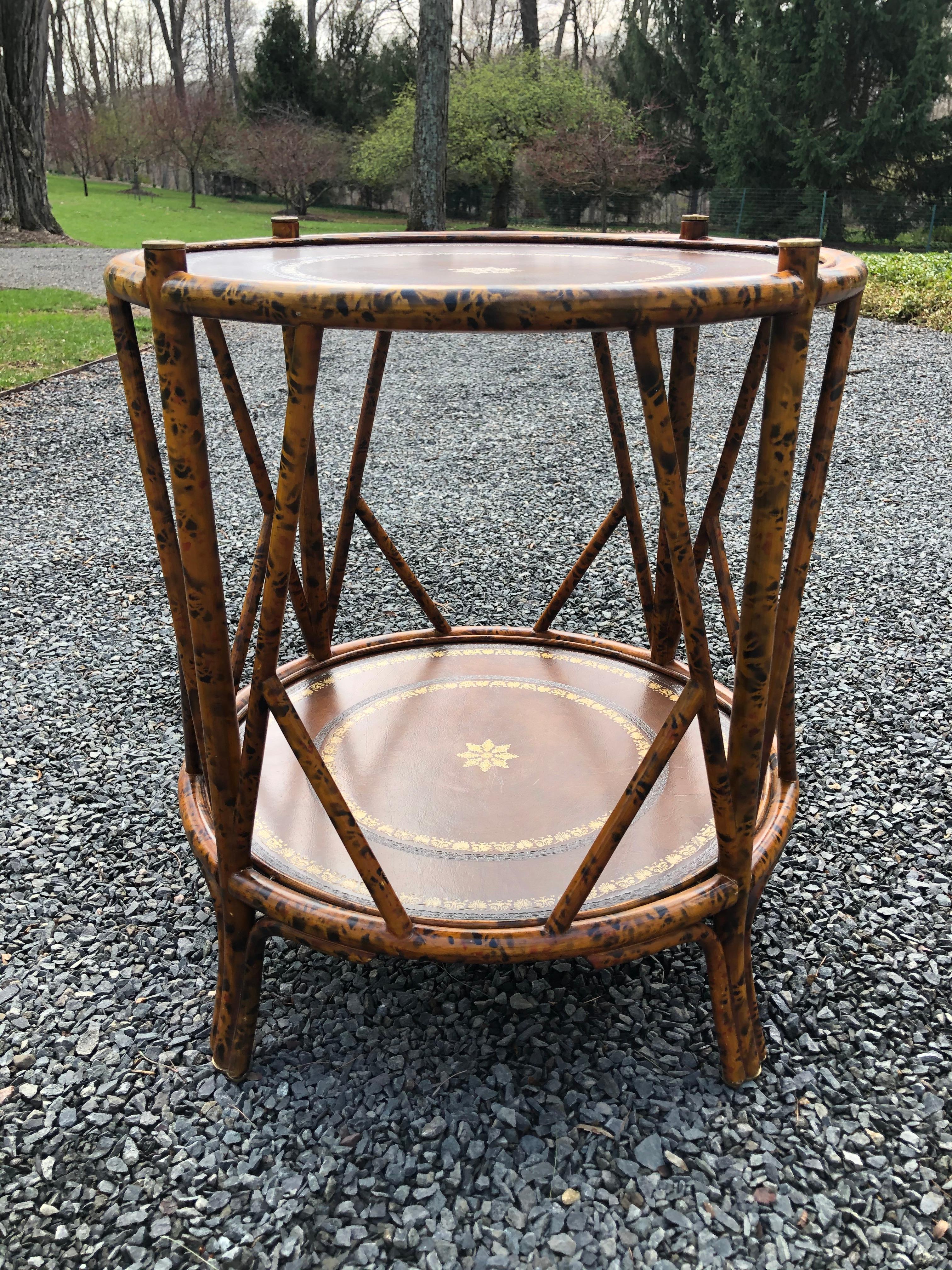 Handsome Two Tier Round Bamboo & Leather Side Table 4