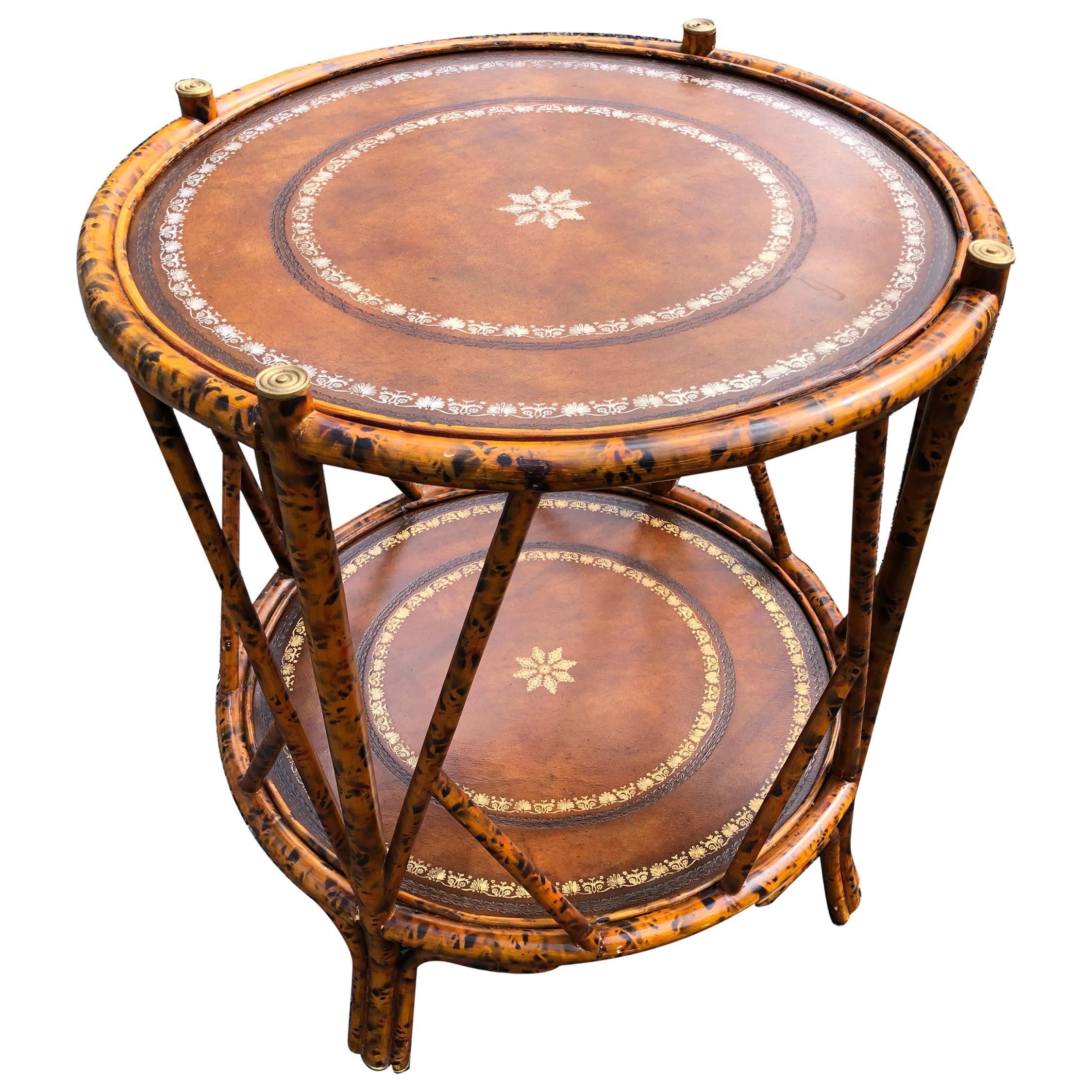 Handsome Two Tier Round Bamboo & Leather Side Table