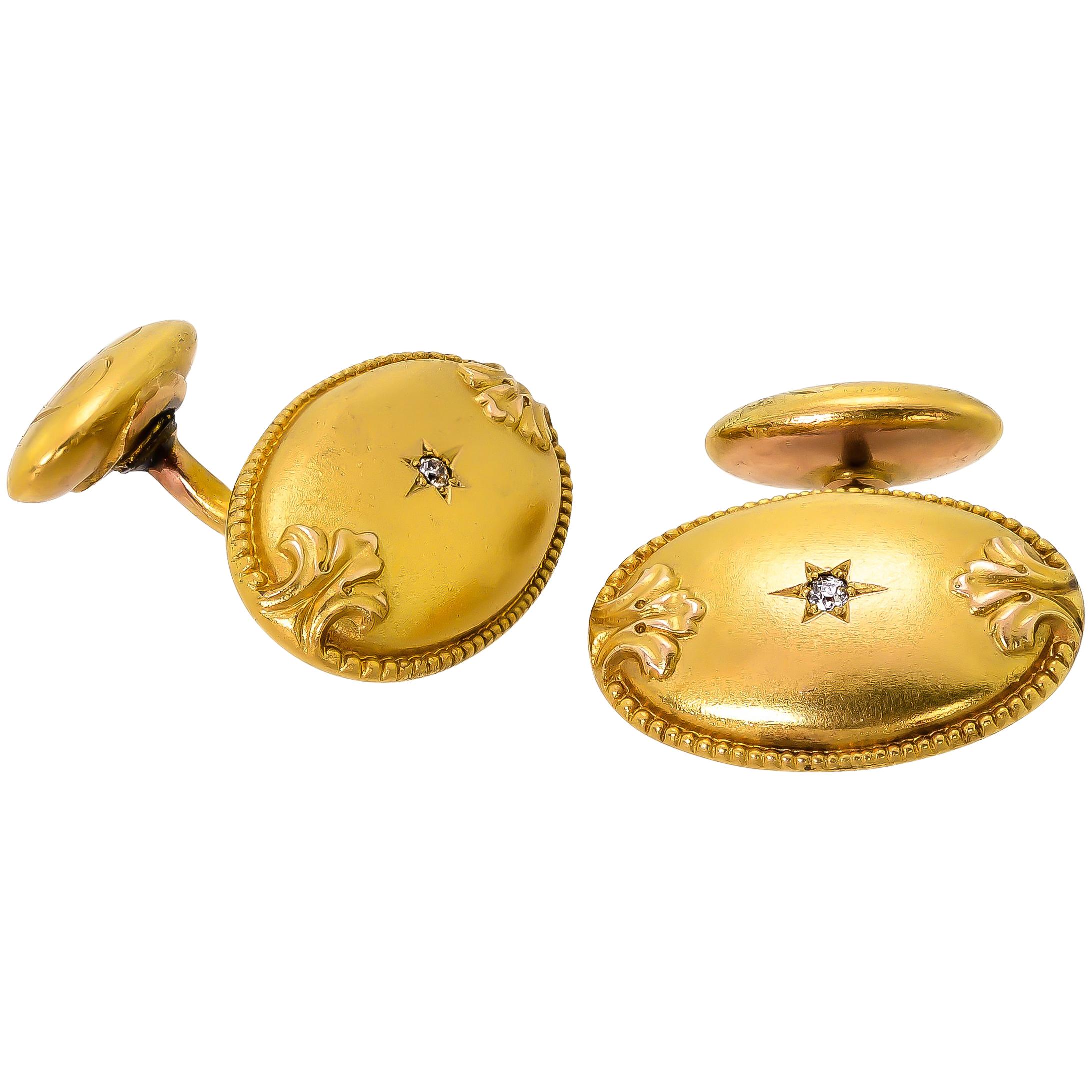 Handsome Victorian 18 Karat Yellow Gold and Diamond Cufflinks For Sale