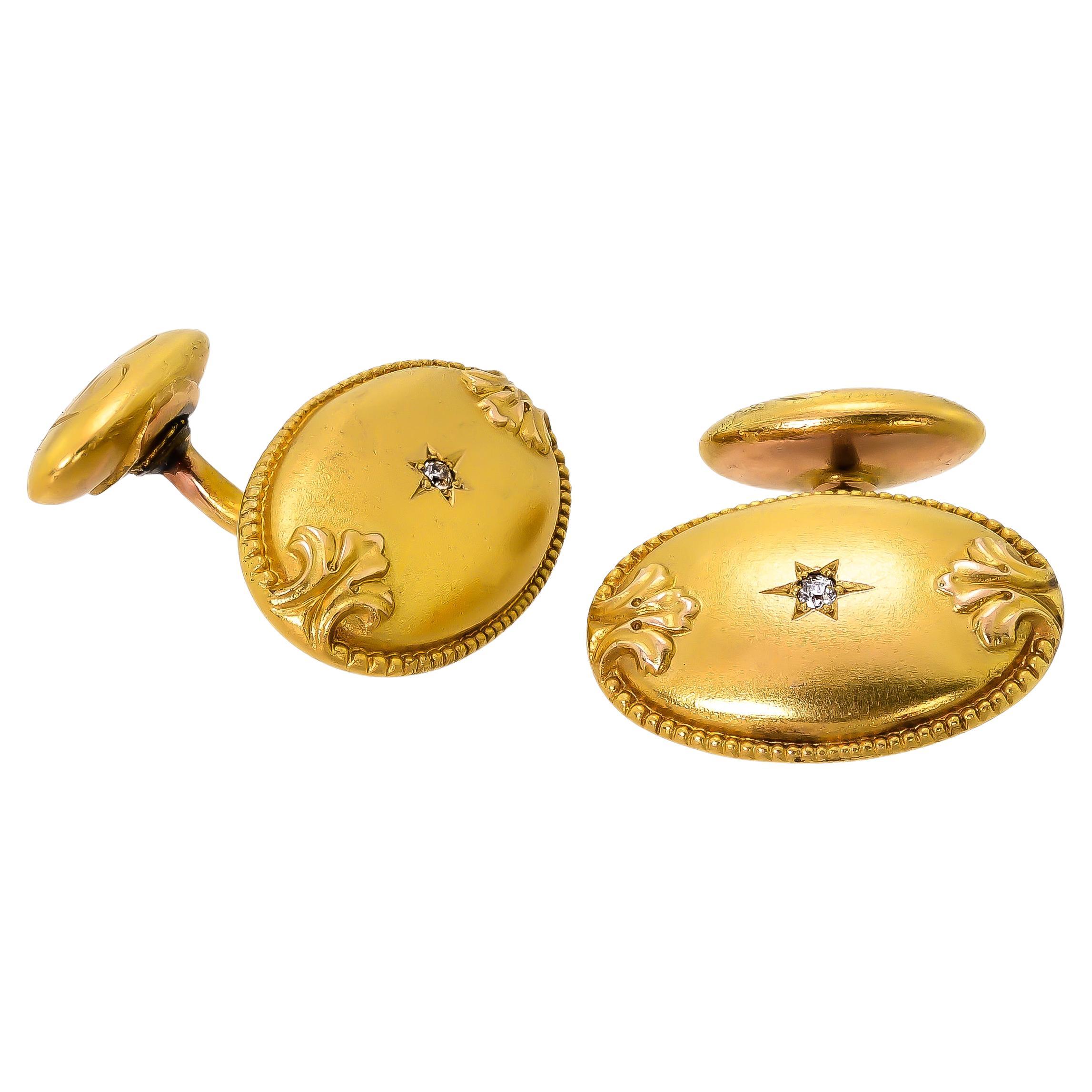Handsome Victorian 18 Karat Yellow Gold and Diamond Cufflinks For Sale