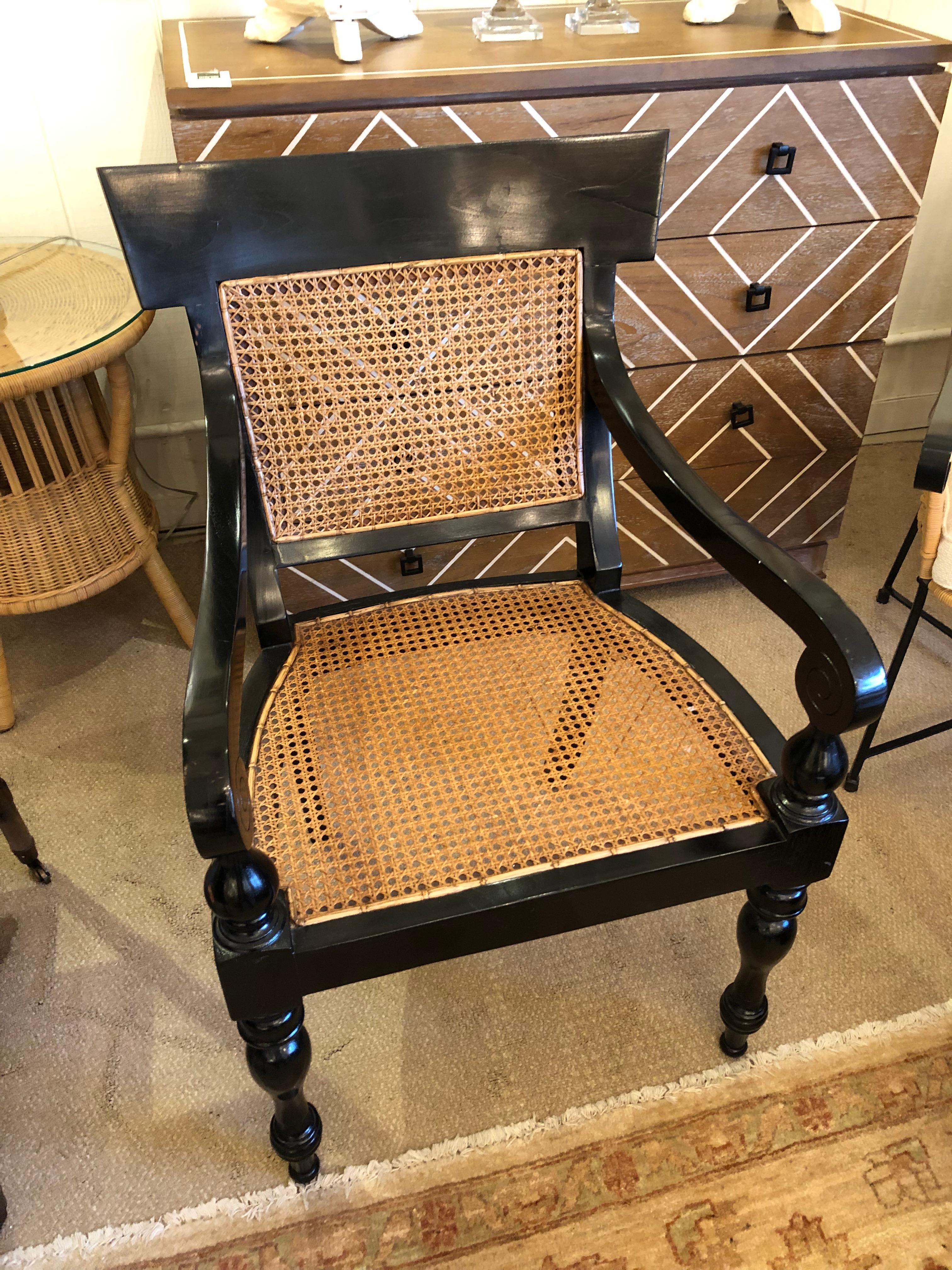 Handsome Vintage Black and Rich Brown Caned Desk Chair For Sale 8
