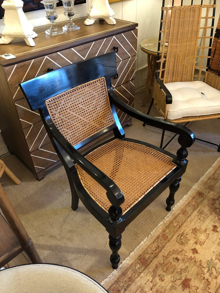 Handsome Vintage Black Ebonized and Caned Arm Chair For Sale at 1stDibs